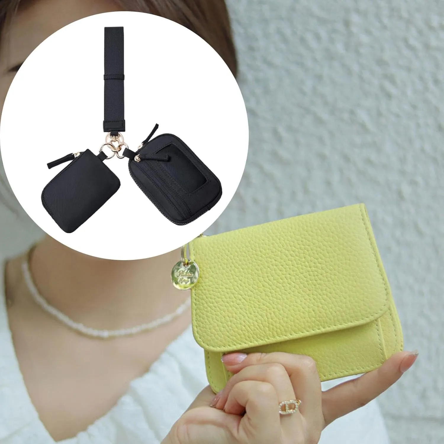 Keychain Wristlet Wallet Double Pouch Nylon Bag Portable with Zipper Purse Small Wallet with Keyring for Dating Shopping Travel, Black
