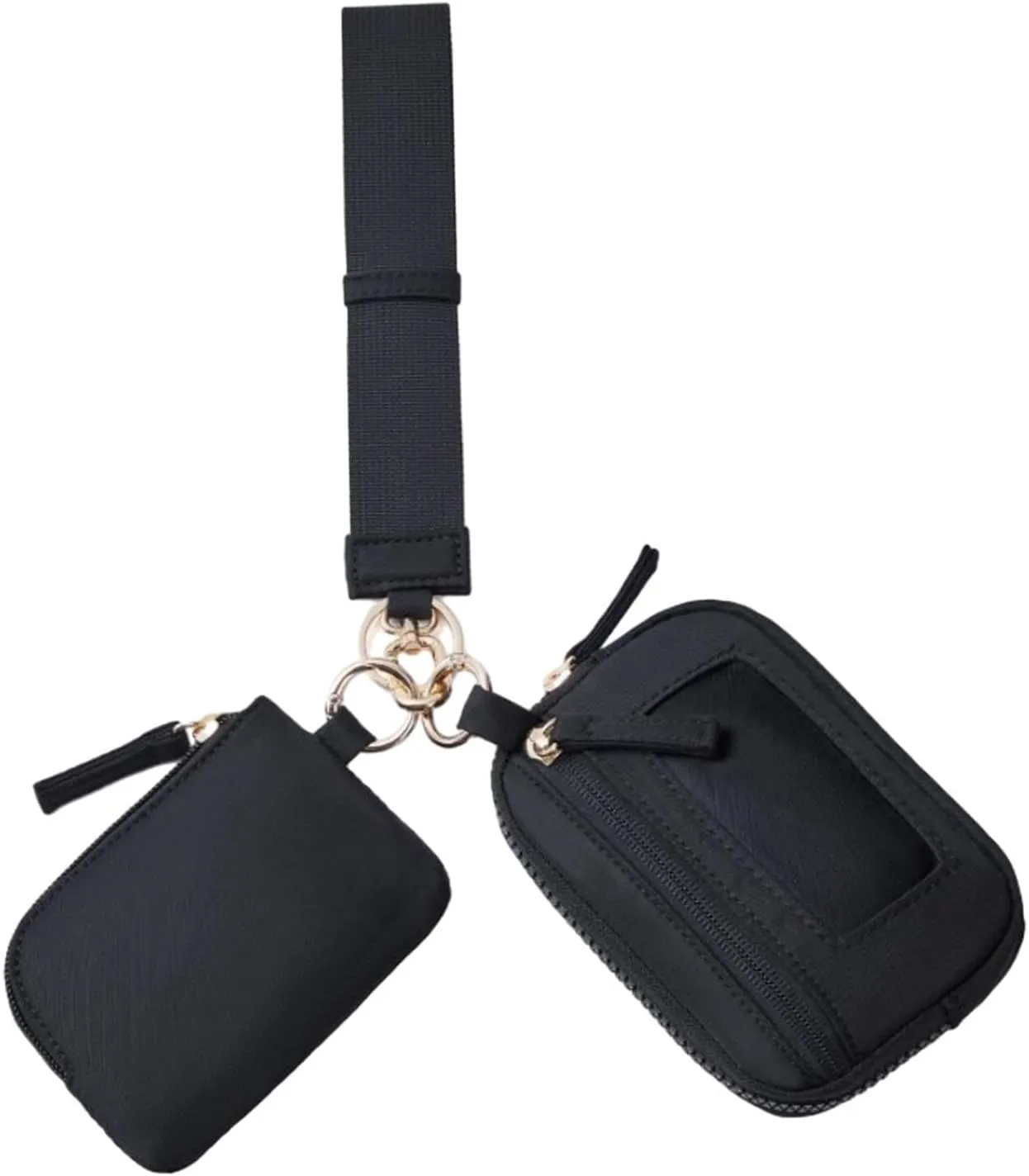 Keychain Wristlet Wallet Double Pouch Nylon Bag Portable with Zipper Purse Small Wallet with Keyring for Dating Shopping Travel, Black