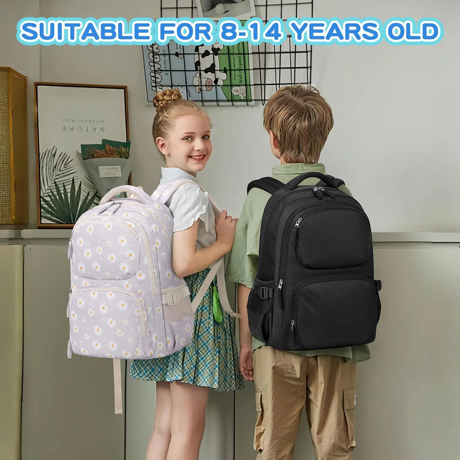 Kids Backpack, School Backpack with Pencil Case Set for Boys Kawaii Girls Bookbag for Elementary Middle School, Age 6-12, Plain Black