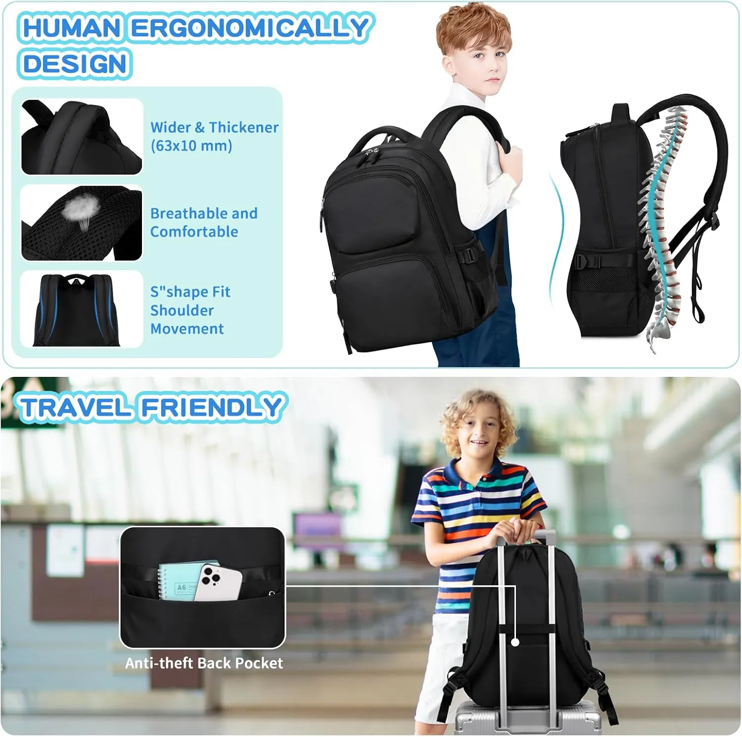 Kids Backpack, School Backpack with Pencil Case Set for Boys Kawaii Girls Bookbag for Elementary Middle School, Age 6-12, Plain Black