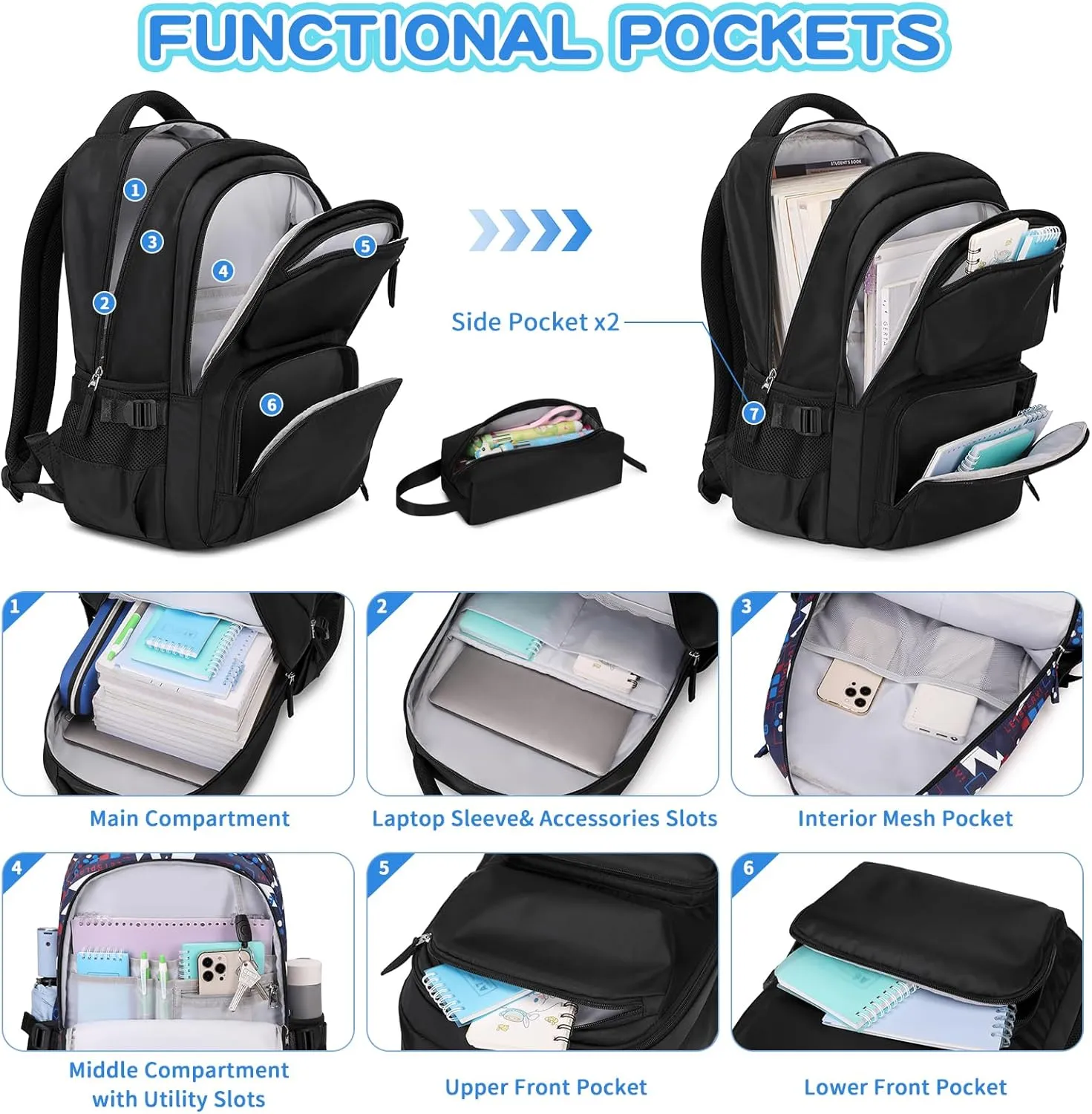 Kids Backpack, School Backpack with Pencil Case Set for Boys Kawaii Girls Bookbag for Elementary Middle School, Age 6-12, Plain Black