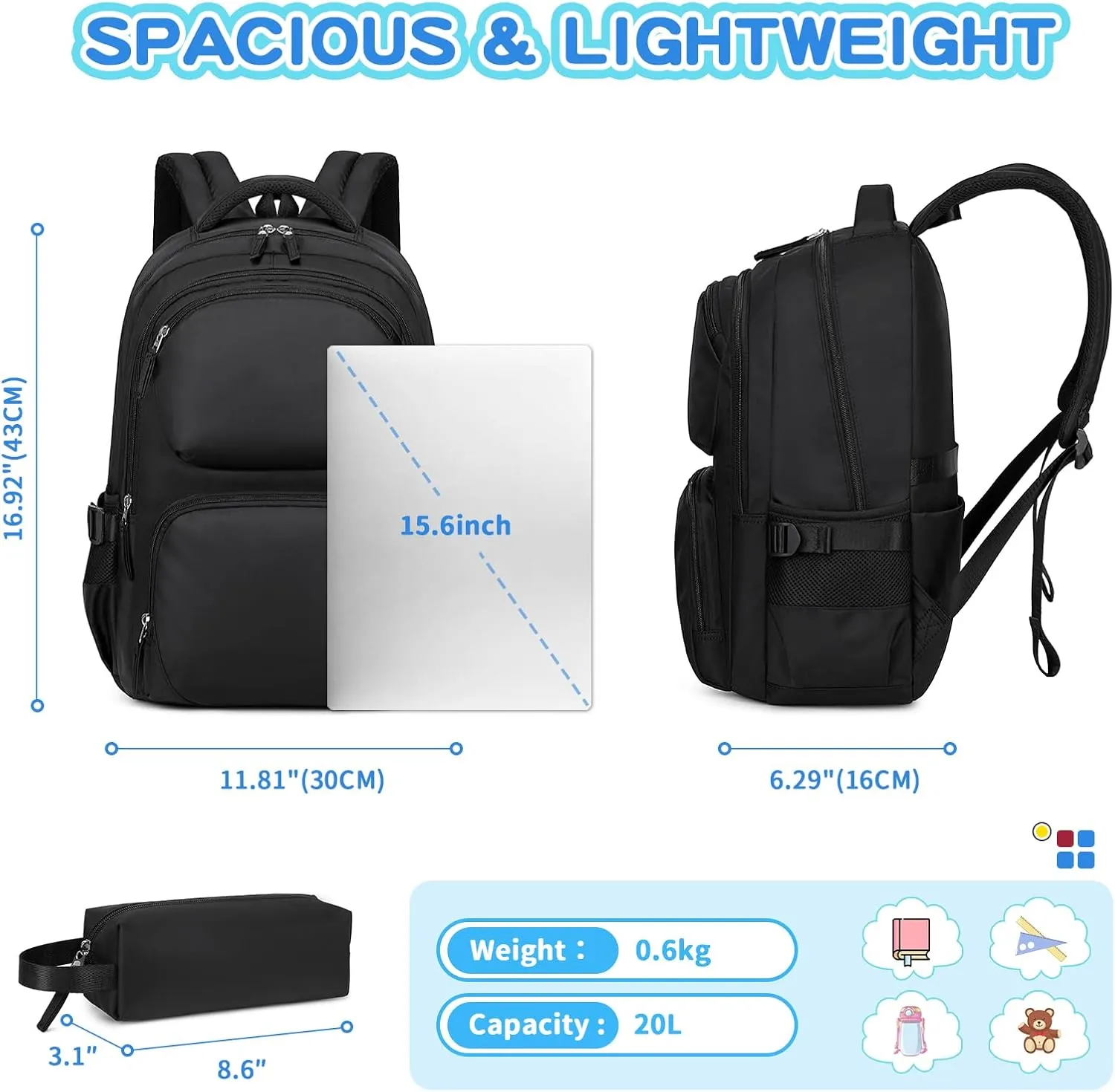 Kids Backpack, School Backpack with Pencil Case Set for Boys Kawaii Girls Bookbag for Elementary Middle School, Age 6-12, Plain Black