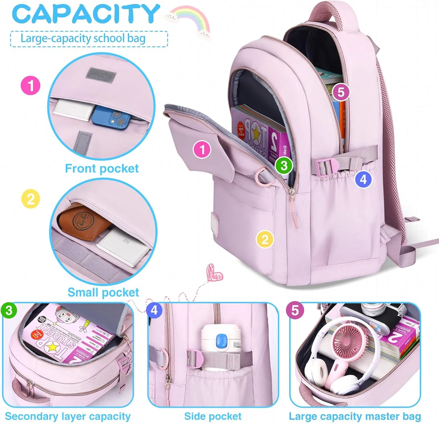 Kids School Backpack for Teens Girls Aesthetic Purple Backpack Lightweight College Laptop Casual Travel Bookbag