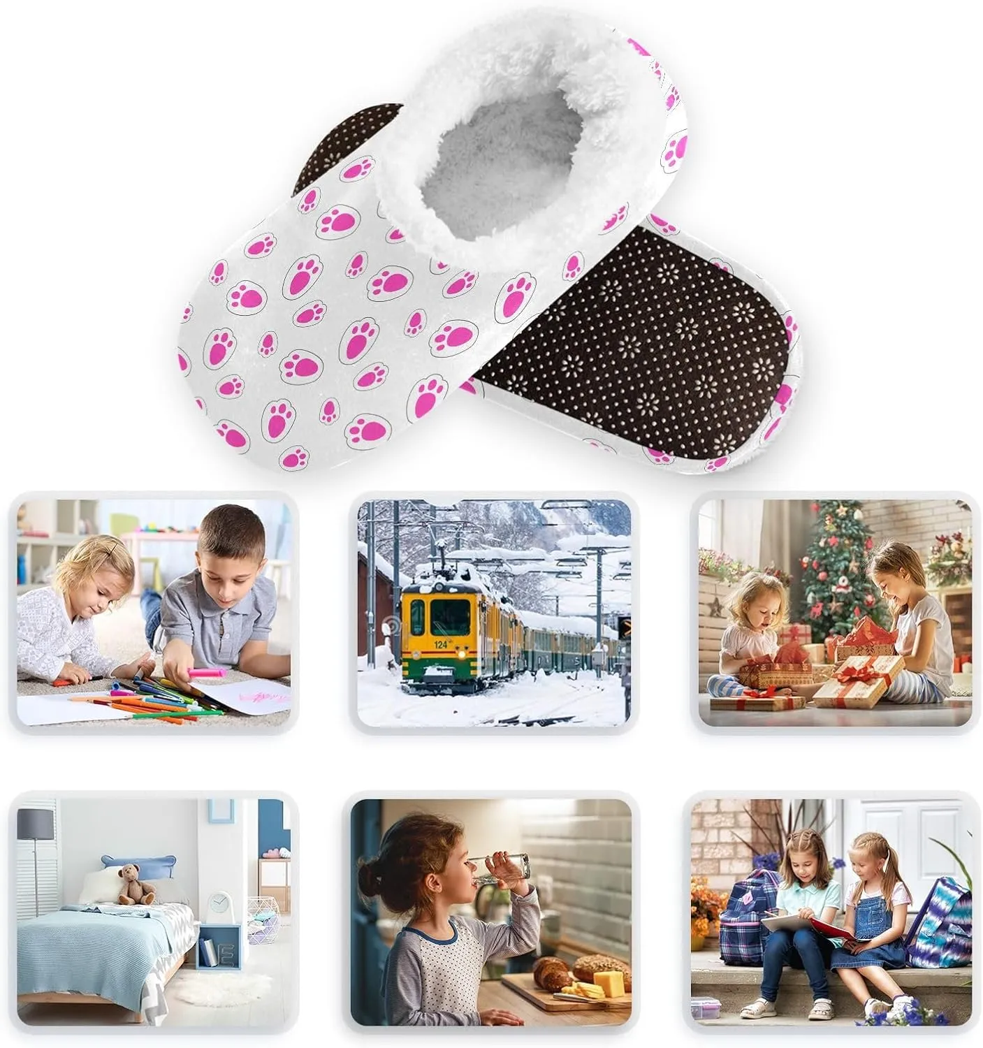 Kids Winter Slippers Footprints Rabbit Funny Animal Paw Print Warm Soft Non Slip House Slippers for Boys Girls Indoor