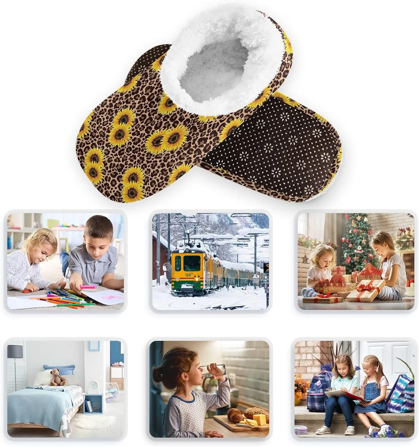 Kids Winter Slippers for Boys Girls Sunflowers Leopard Animal Print Warm Soft Non Slip House Slippers Children Indoor