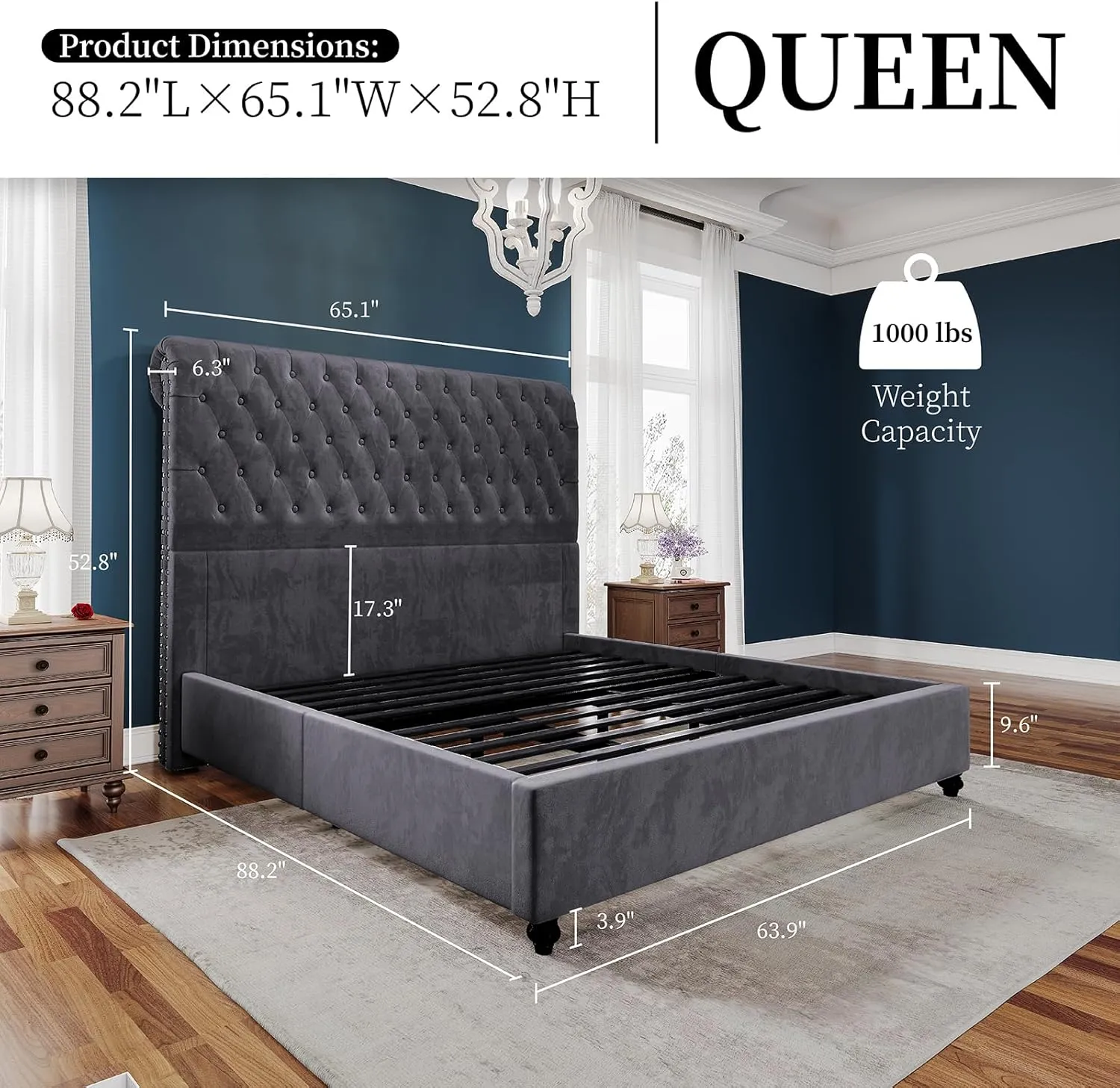 King Size Bed Frame and Headboard Upholstered Bed Frame King with 52.8” Tall Headboard/Dark Grey