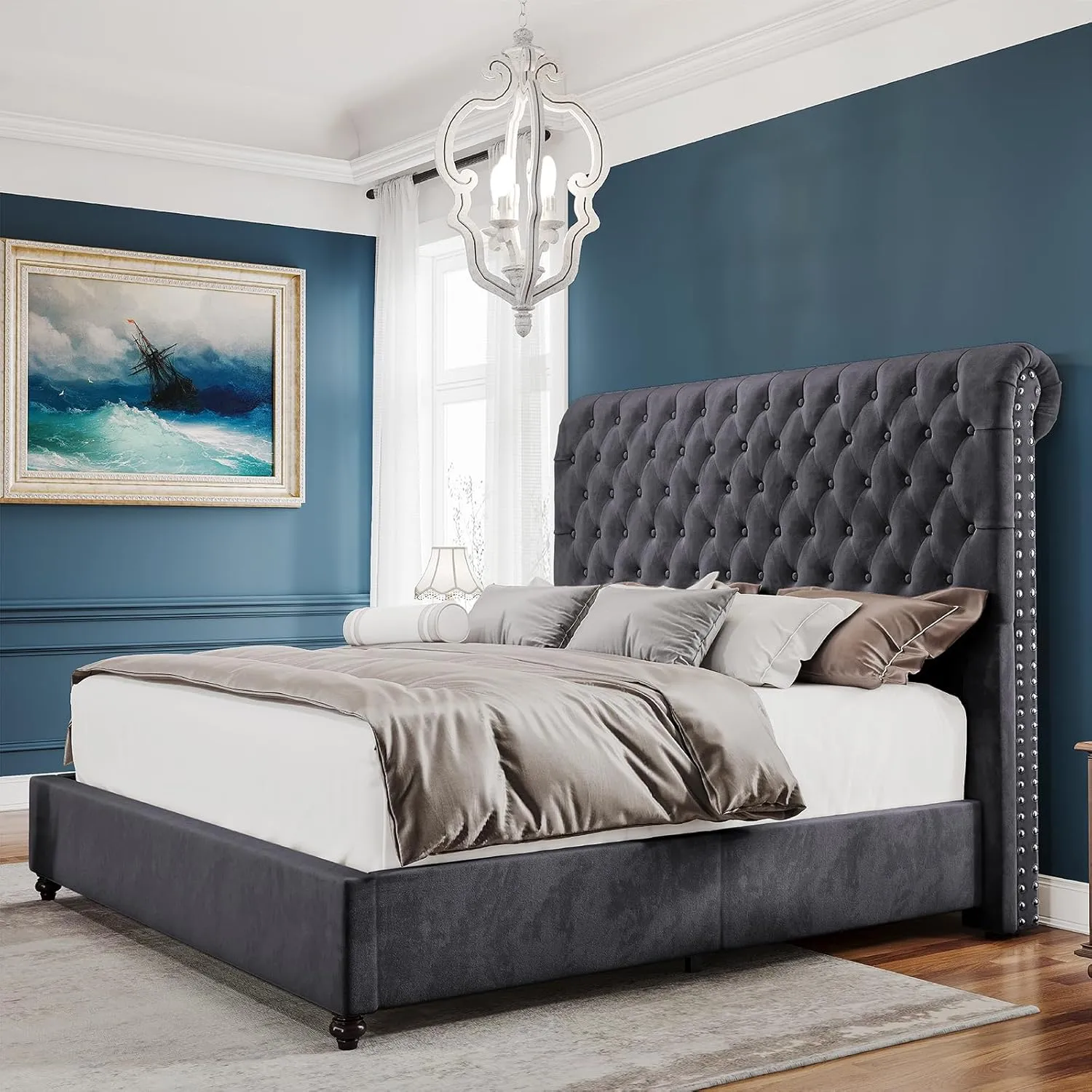 King Size Bed Frame and Headboard Upholstered Bed Frame King with 52.8” Tall Headboard/Dark Grey