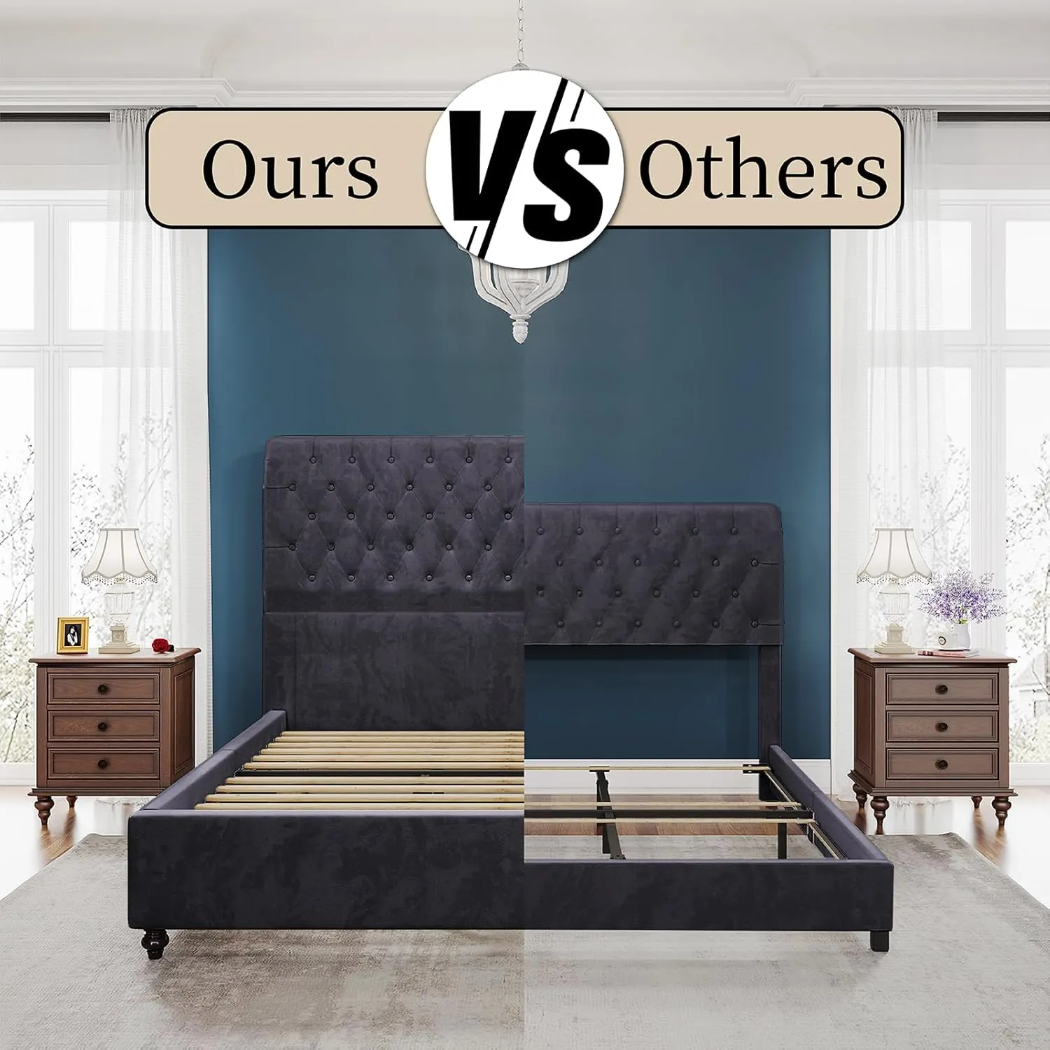 King Size Bed Frame and Headboard Upholstered Bed Frame King with 52.8” Tall Headboard/Dark Grey