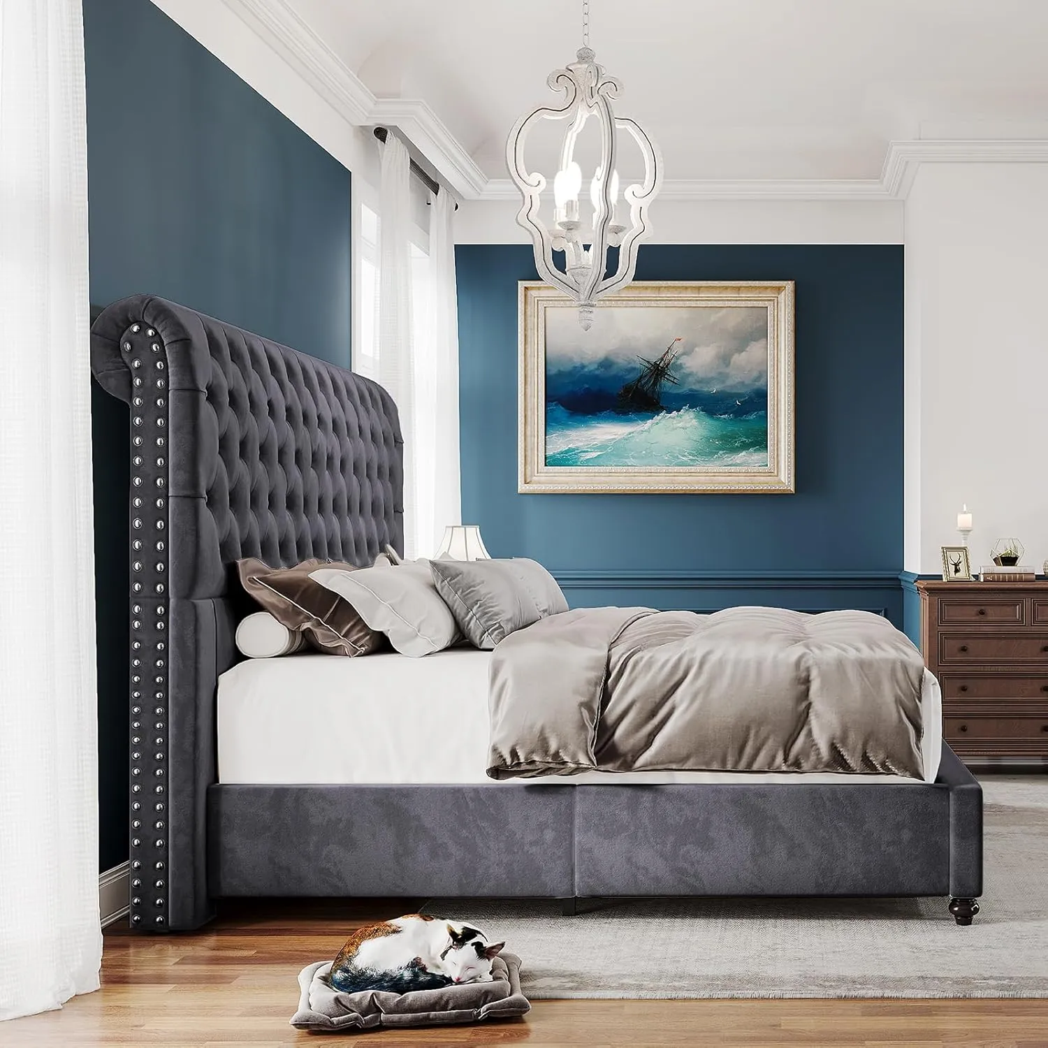 King Size Bed Frame and Headboard Upholstered Bed Frame King with 52.8” Tall Headboard/Dark Grey