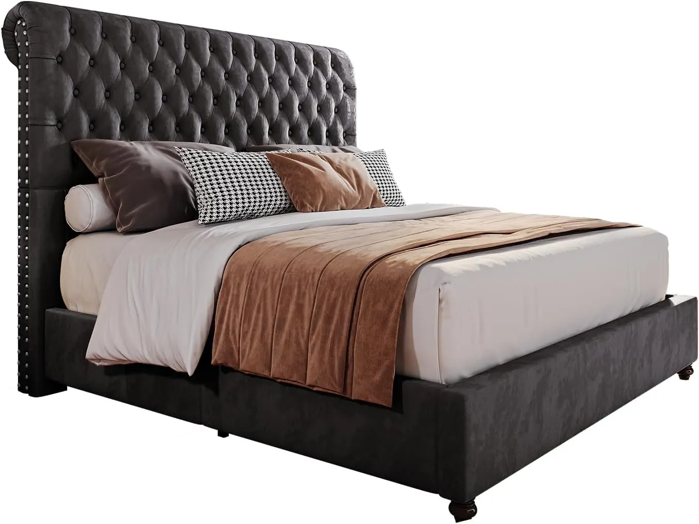King Size Bed Frame and Headboard Upholstered Bed Frame King with 52.8” Tall Headboard/Dark Grey