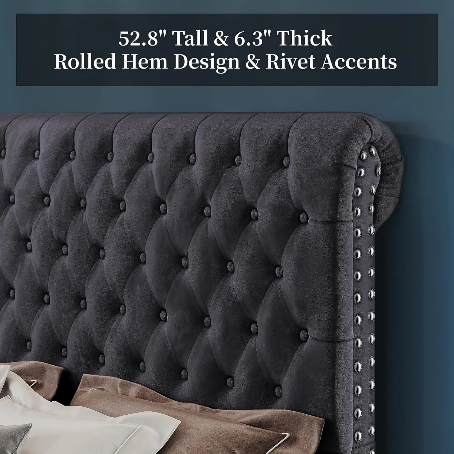 King Size Bed Frame and Headboard Upholstered Bed Frame King with 52.8” Tall Headboard/Dark Grey