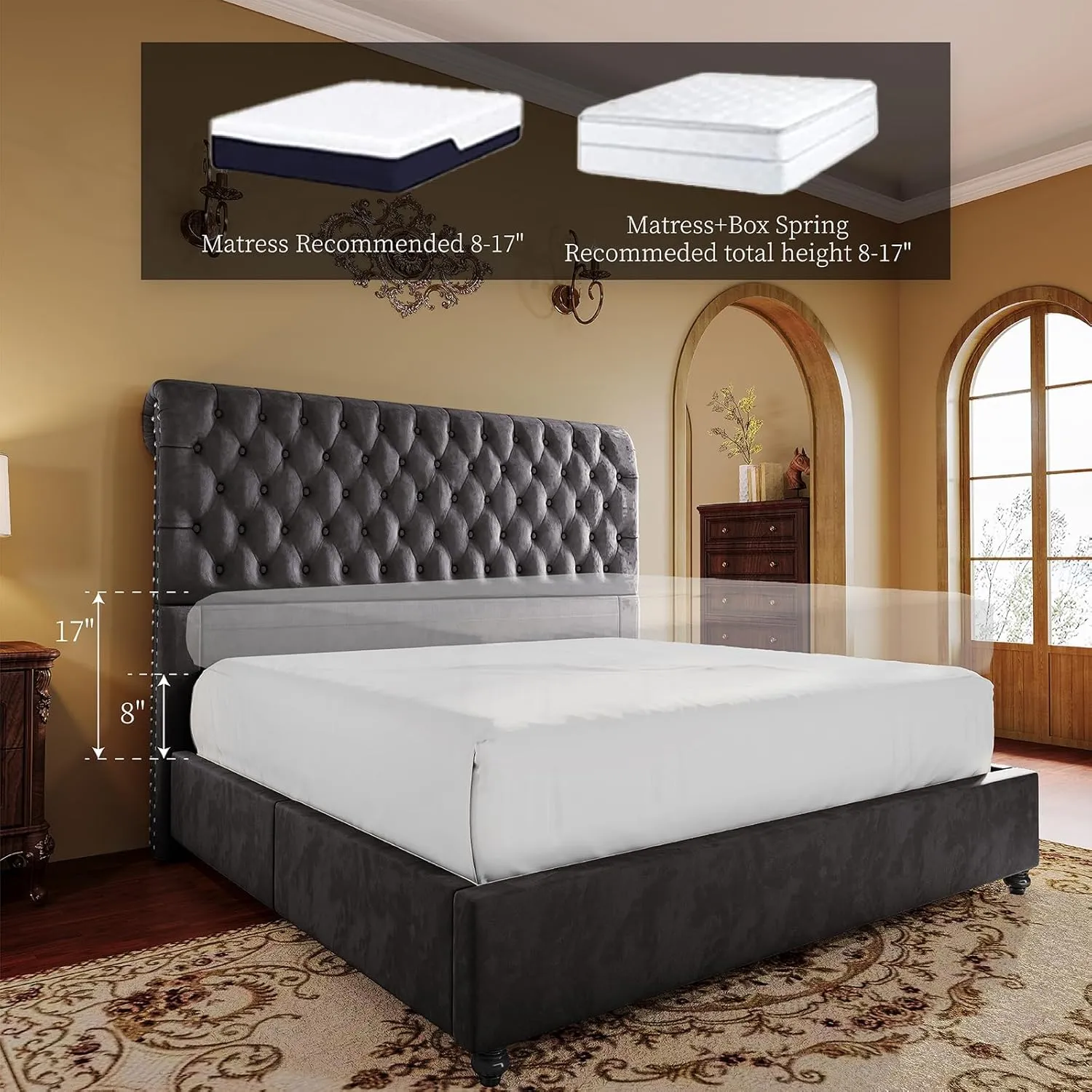 King Size Bed Frame and Headboard Upholstered Bed Frame King with 52.8” Tall Headboard/Dark Grey
