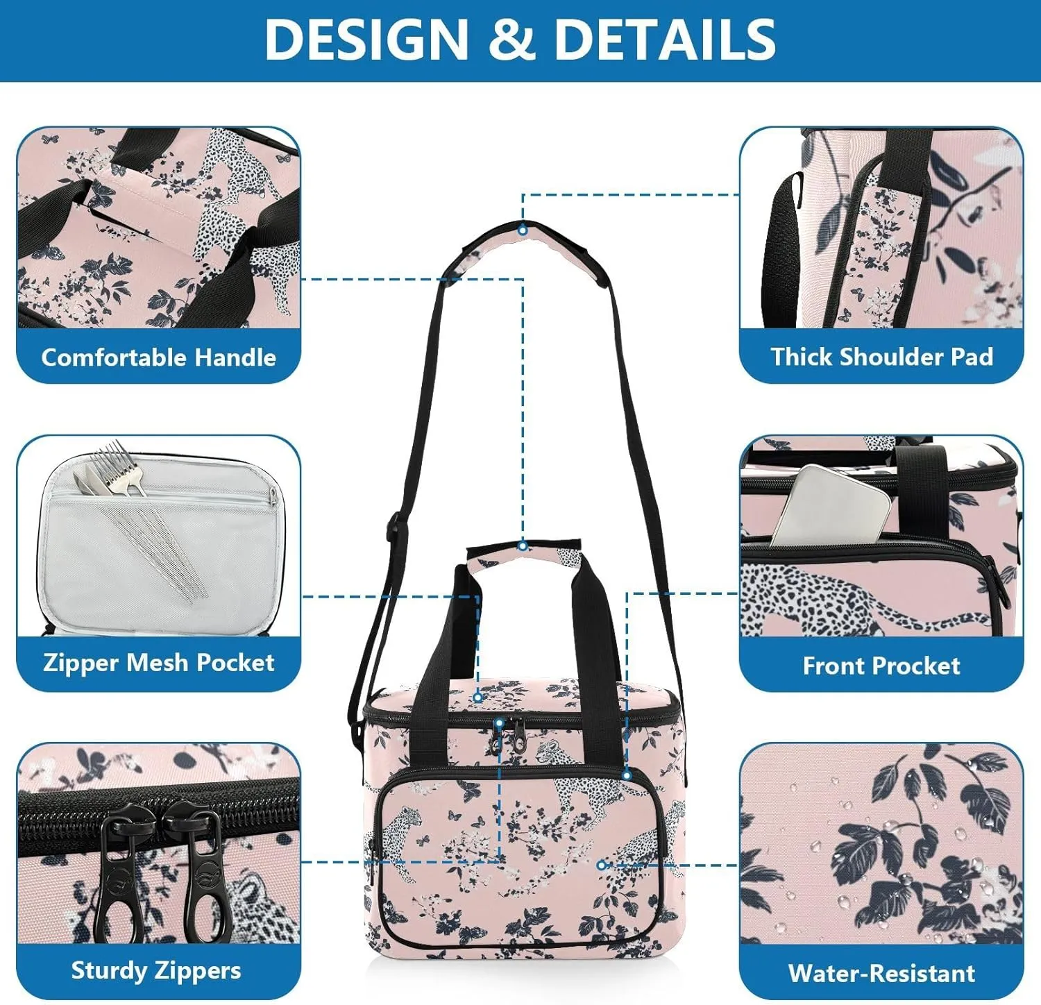 KLL Chic Leopard Pink Large Capacity Lunch Bag Crossbody Lunch Cooler Bag for Teen