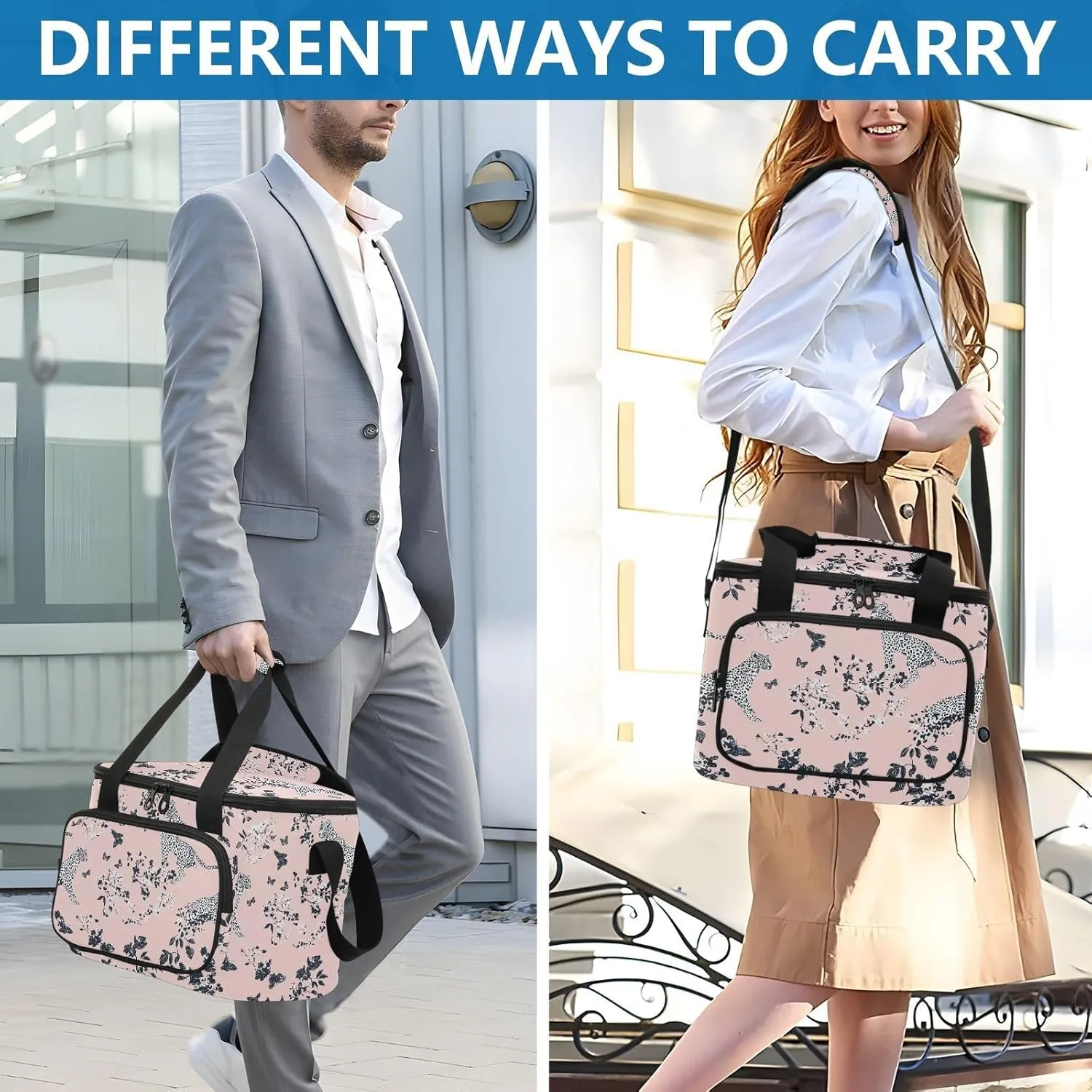 KLL Chic Leopard Pink Large Capacity Lunch Bag Crossbody Lunch Cooler Bag for Teen