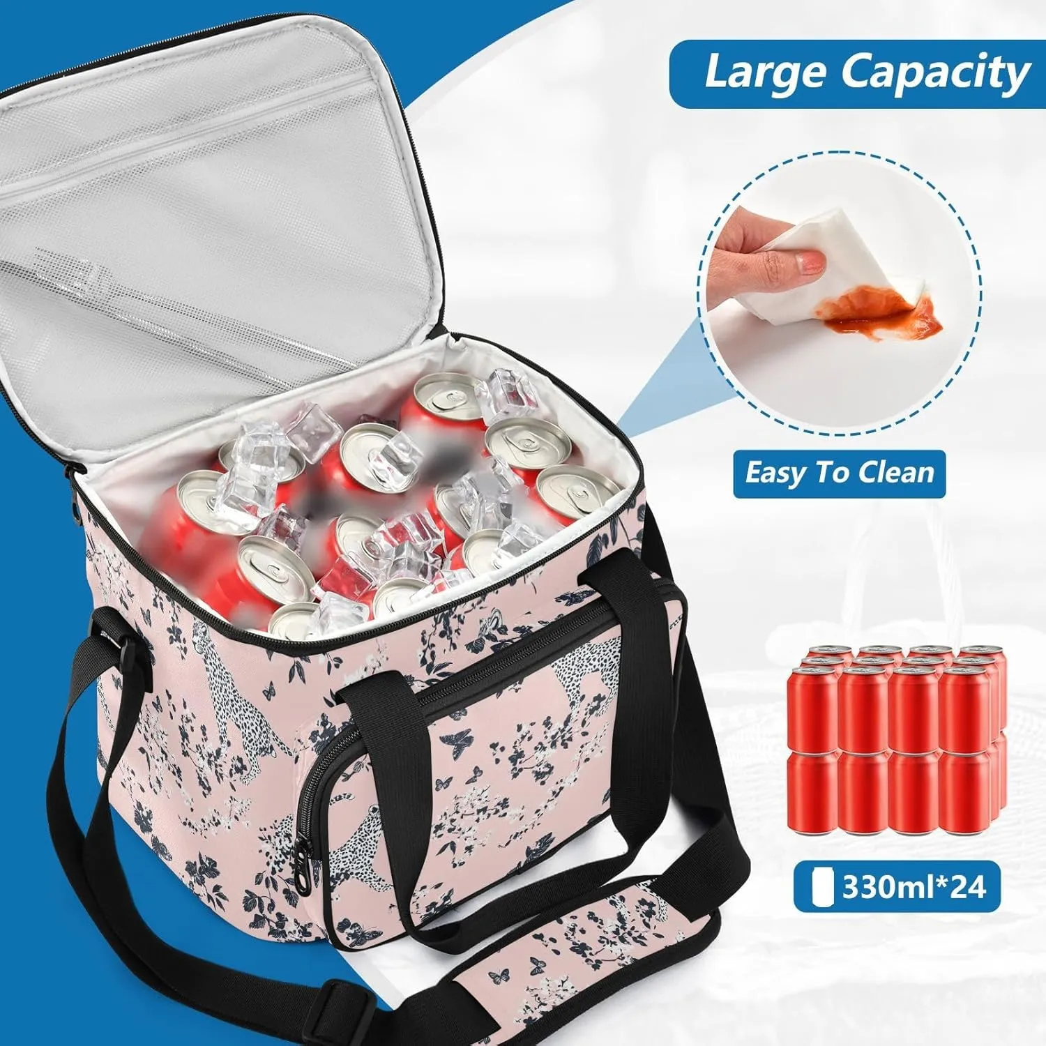 KLL Chic Leopard Pink Large Capacity Lunch Bag Crossbody Lunch Cooler Bag for Teen