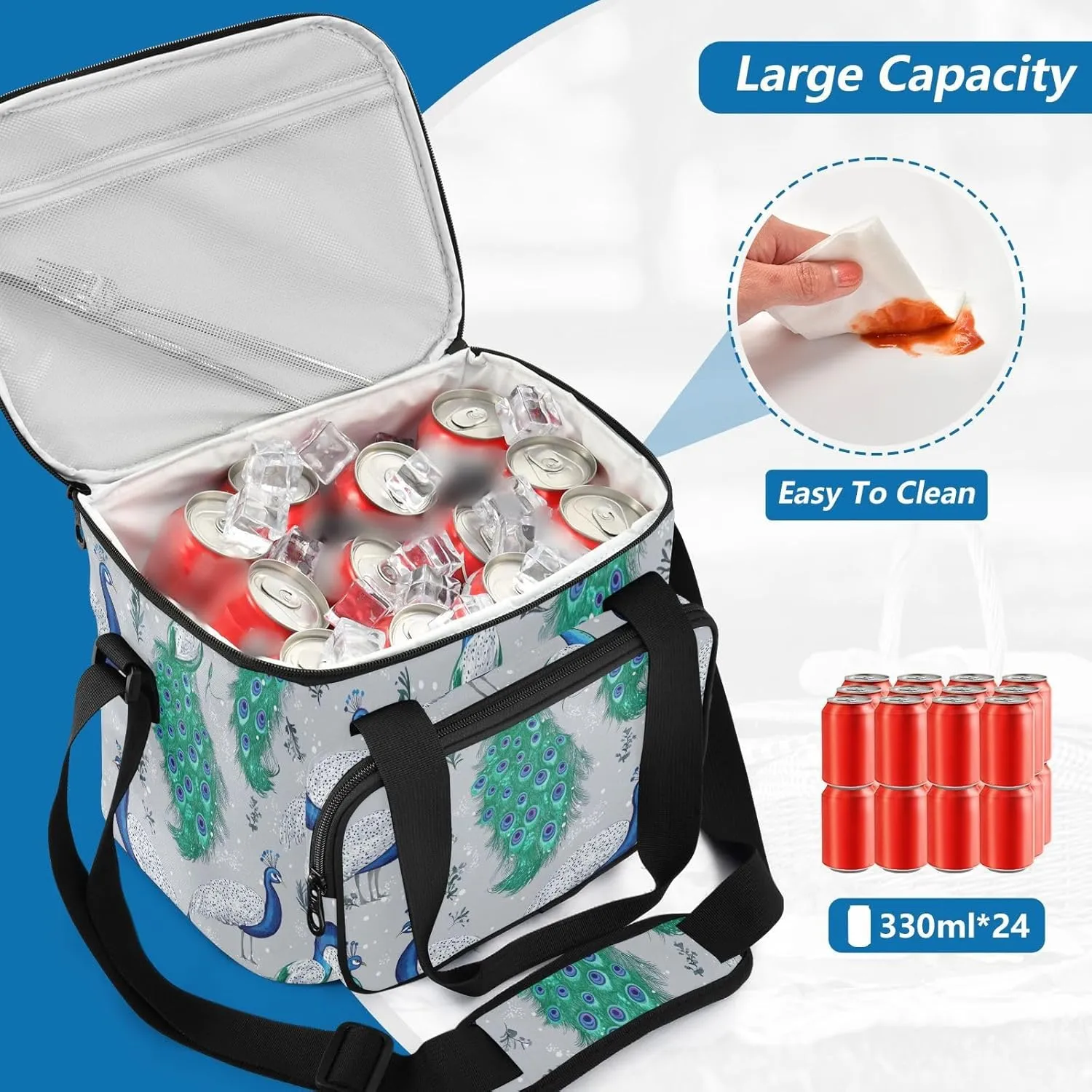 KLL Fashion Peacock Silver Large Capacity Insulated Lunch Bag Adjustable Crossbody Lunch Bag for Teenagers