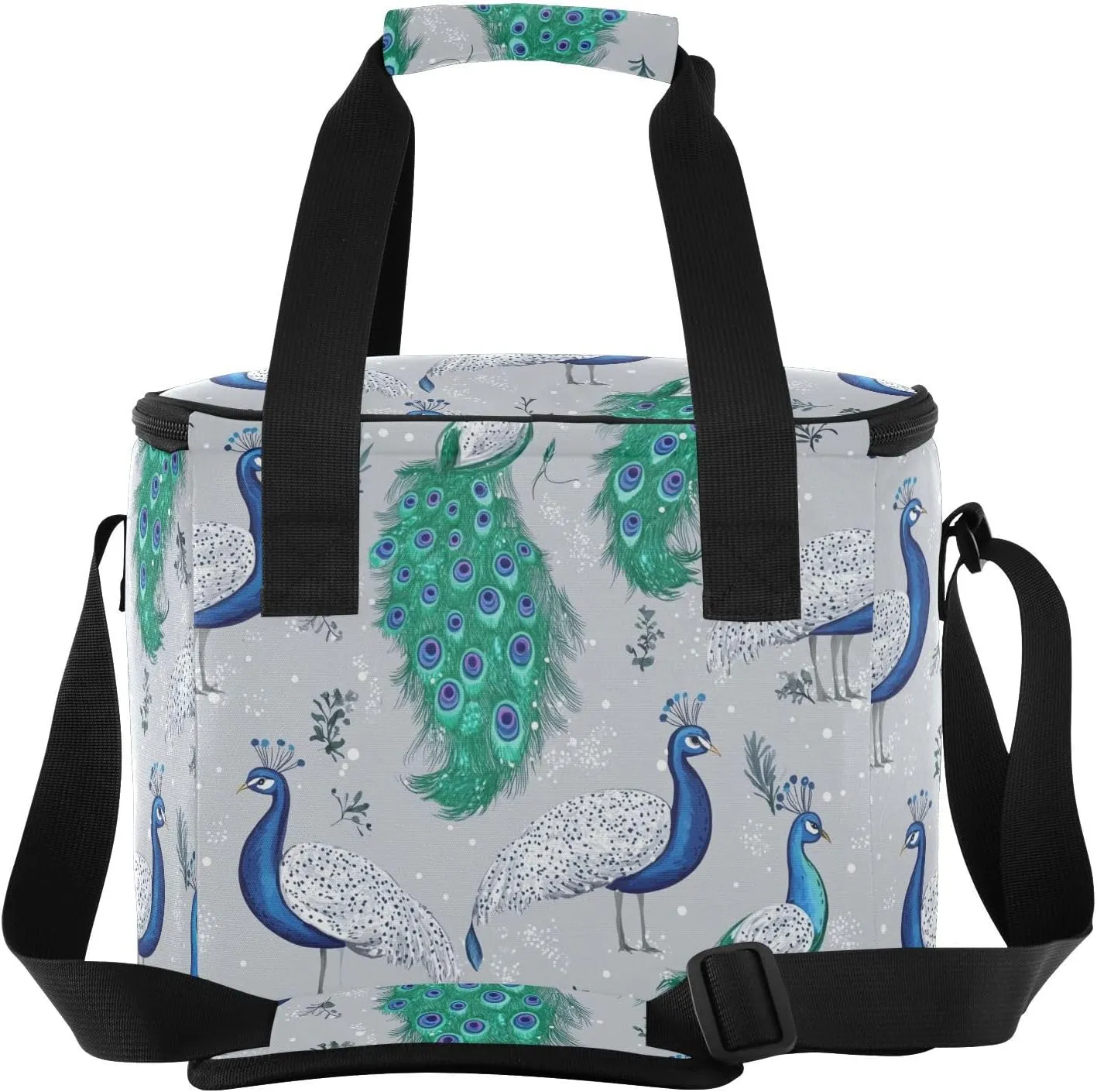 KLL Fashion Peacock Silver Large Capacity Insulated Lunch Bag Adjustable Crossbody Lunch Bag for Teenagers