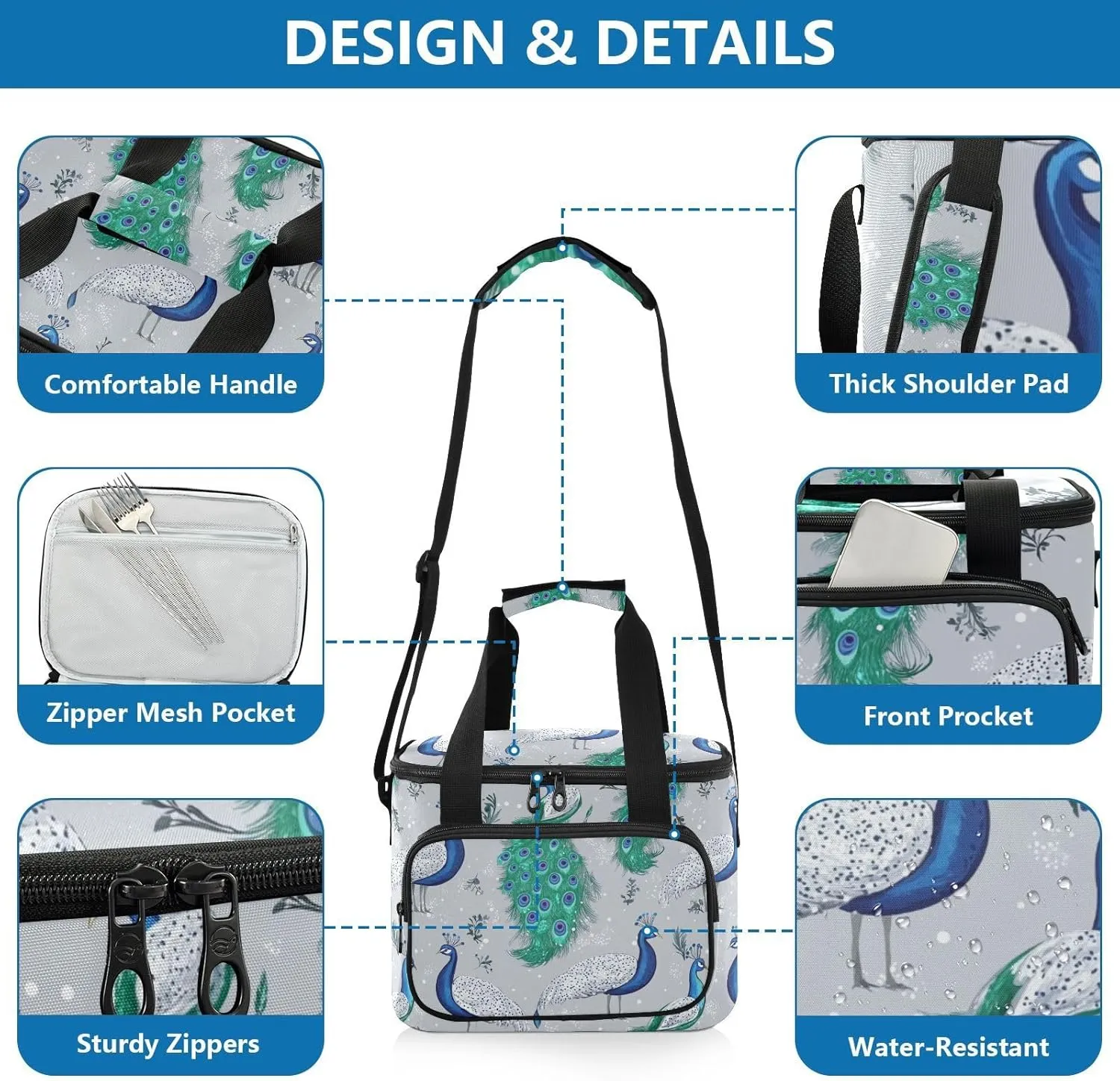 KLL Fashion Peacock Silver Large Capacity Insulated Lunch Bag Adjustable Crossbody Lunch Bag for Teenagers