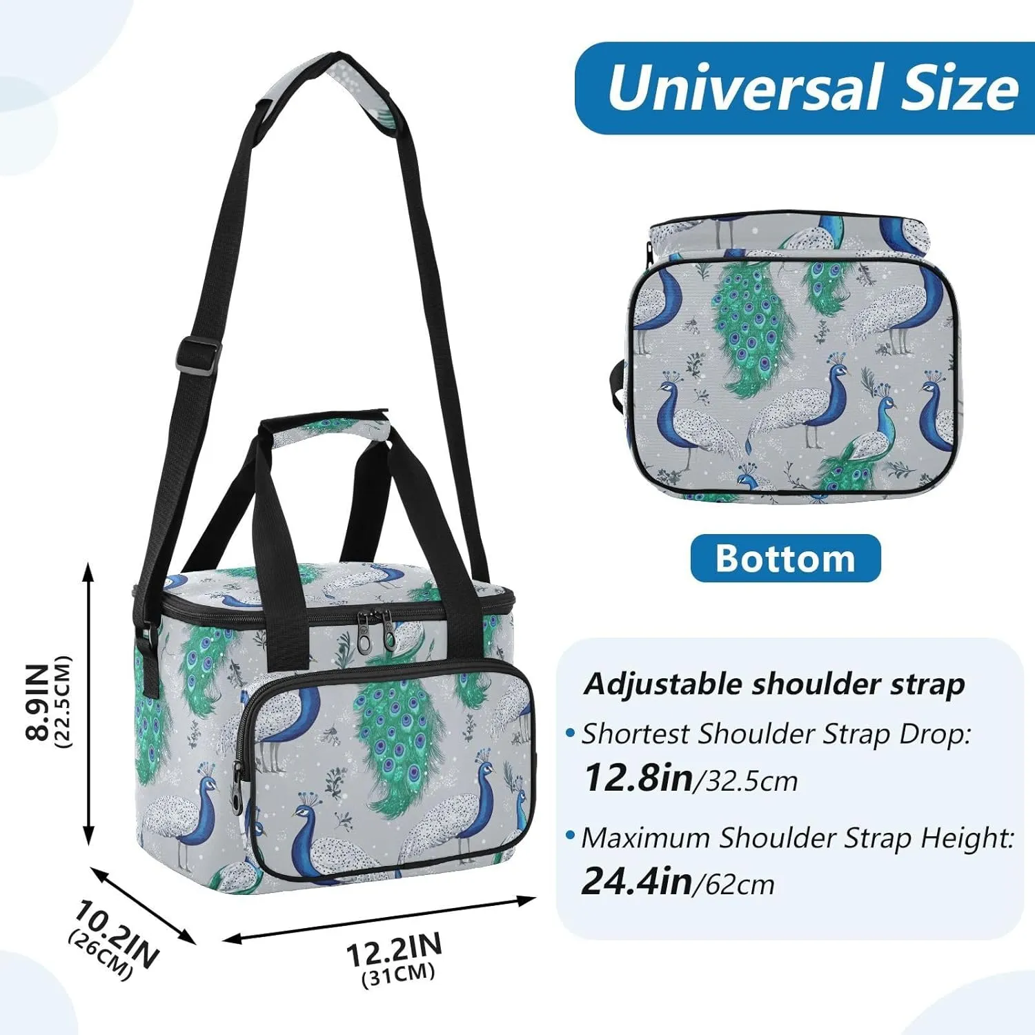 KLL Fashion Peacock Silver Large Capacity Insulated Lunch Bag Adjustable Crossbody Lunch Bag for Teenagers