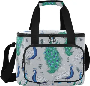KLL Fashion Peacock Silver Large Capacity Insulated Lunch Bag Adjustable Crossbody Lunch Bag for Teenagers