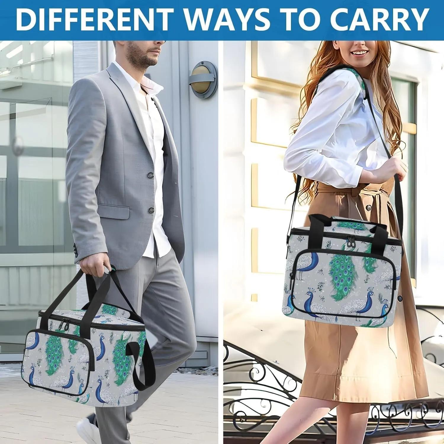 KLL Fashion Peacock Silver Large Capacity Insulated Lunch Bag Adjustable Crossbody Lunch Bag for Teenagers