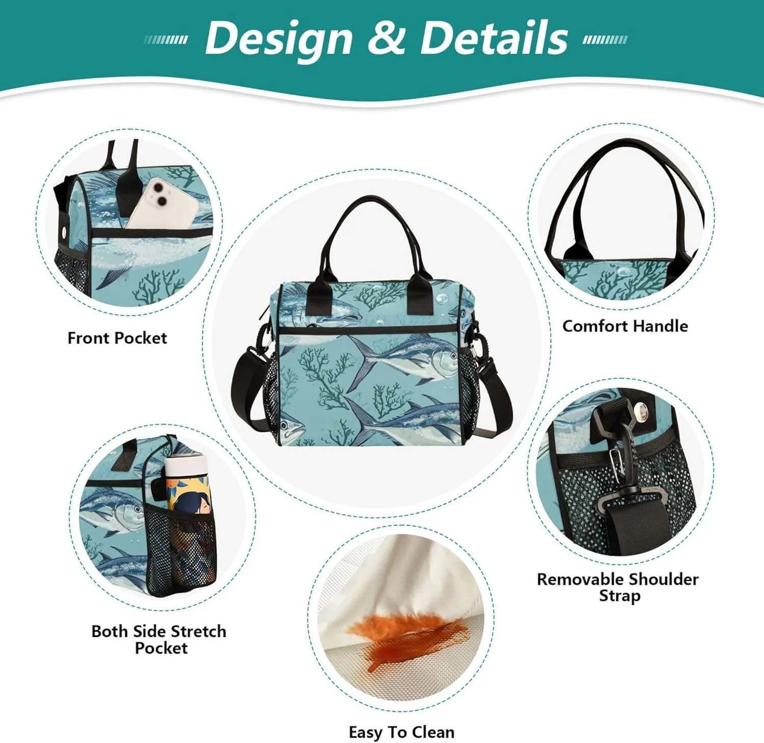 KLL Lunch Bags for Adults Portable Lunch Bag with Water Bottle Holder with Shoulder Strap Lunch Bag for Teen Girls Female Outdoor M Beauty Bluefin Tuna Fishes