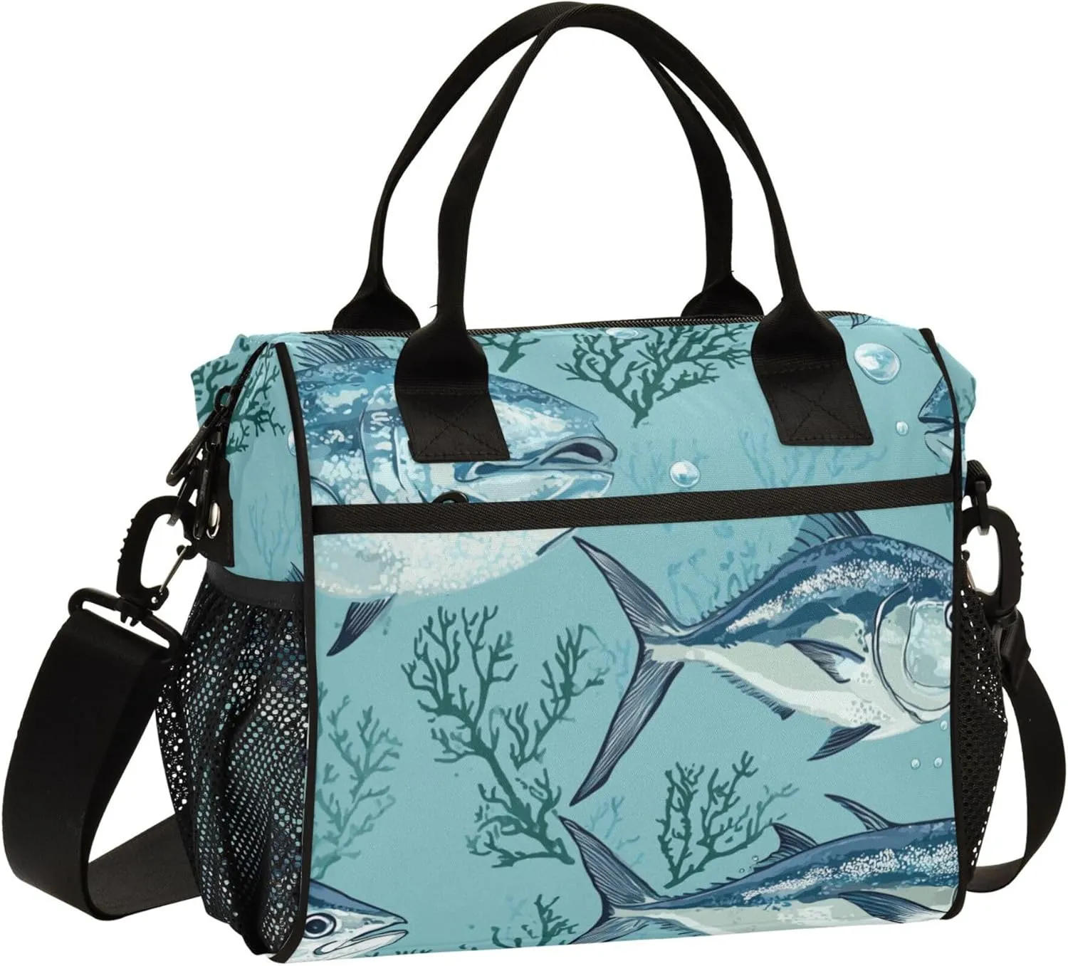 KLL Lunch Bags for Adults Portable Lunch Bag with Water Bottle Holder with Shoulder Strap Lunch Bag for Teen Girls Female Outdoor M Beauty Bluefin Tuna Fishes