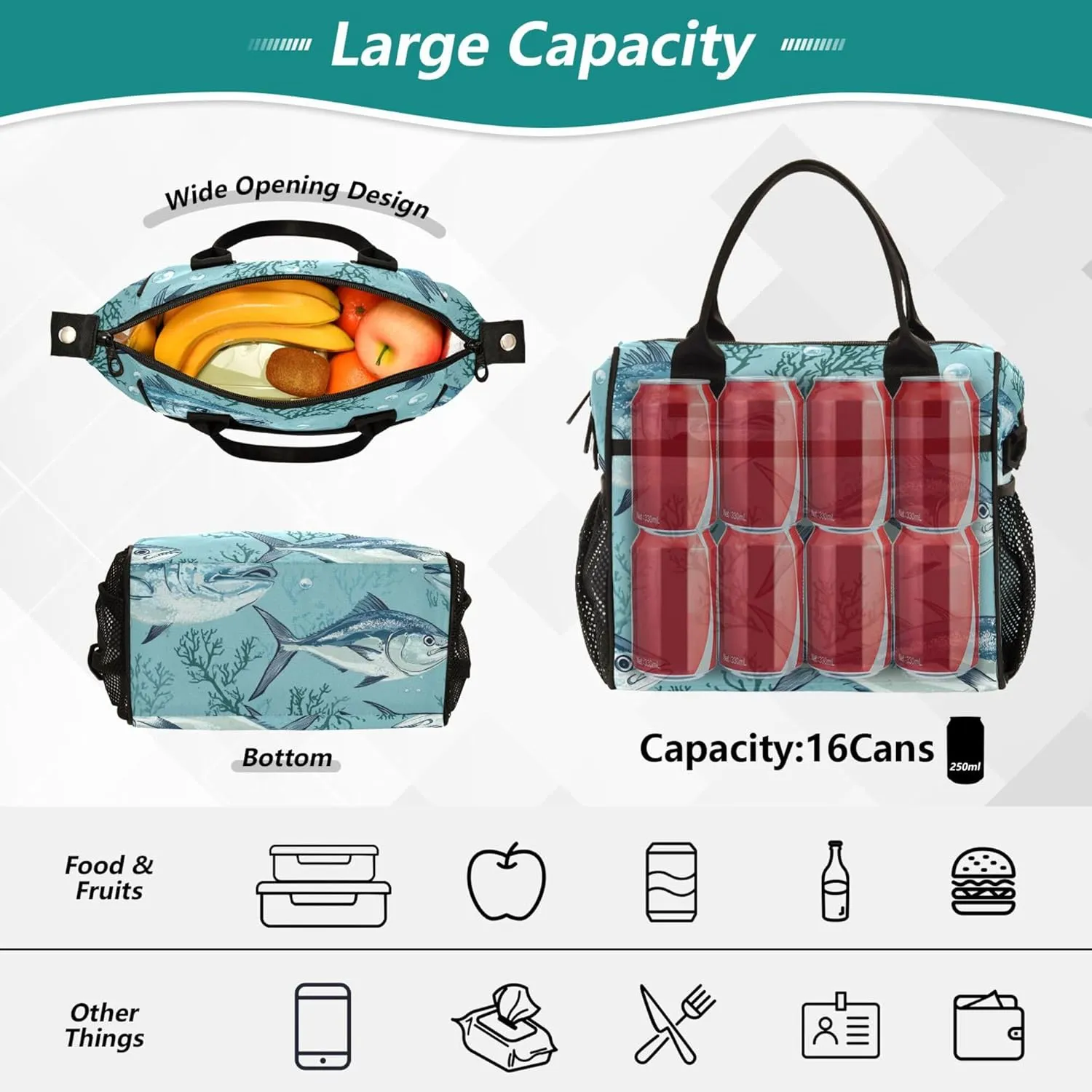 KLL Lunch Bags for Adults Portable Lunch Bag with Water Bottle Holder with Shoulder Strap Lunch Bag for Teen Girls Female Outdoor M Beauty Bluefin Tuna Fishes