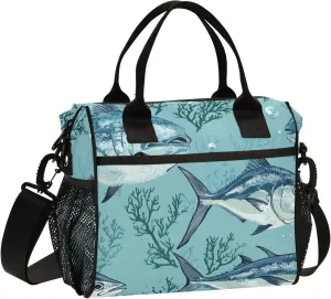 KLL Lunch Bags for Adults Portable Lunch Bag with Water Bottle Holder with Shoulder Strap Lunch Bag for Teen Girls Female Outdoor M Beauty Bluefin Tuna Fishes