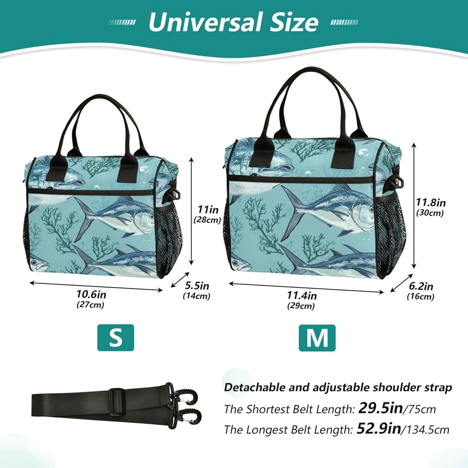 KLL Lunch Bags for Adults Portable Lunch Bag with Water Bottle Holder with Shoulder Strap Lunch Bag for Teen Girls Female Outdoor M Beauty Bluefin Tuna Fishes