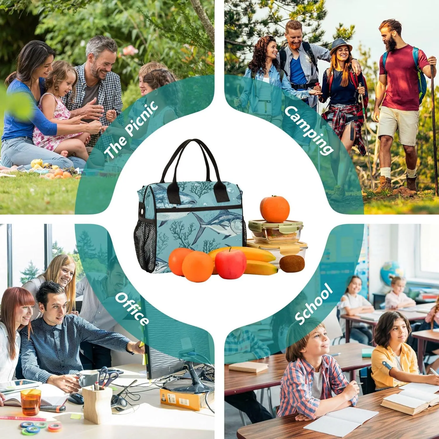 KLL Lunch Bags for Adults Portable Lunch Bag with Water Bottle Holder with Shoulder Strap Lunch Bag for Teen Girls Female Outdoor M Beauty Bluefin Tuna Fishes