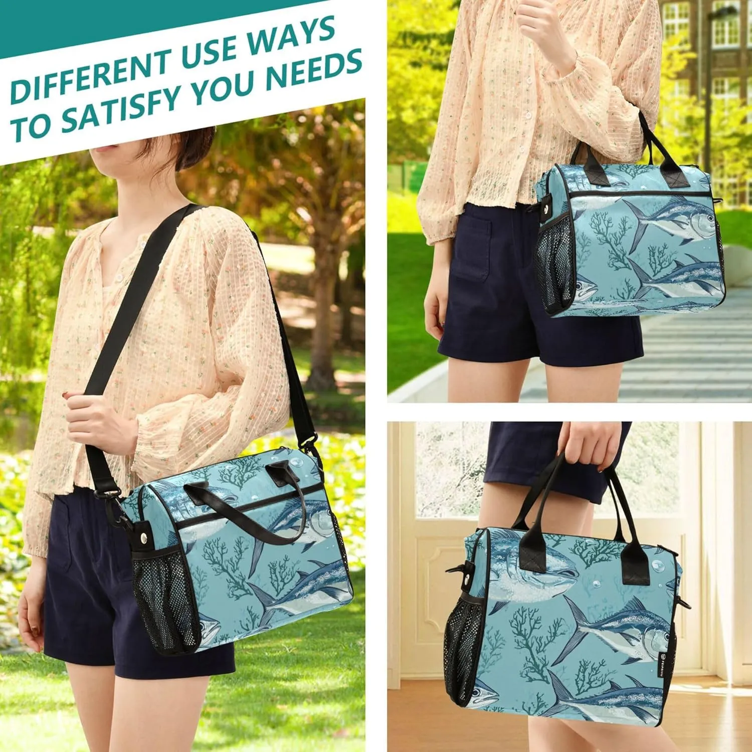 KLL Lunch Bags for Adults Portable Lunch Bag with Water Bottle Holder with Shoulder Strap Lunch Bag for Teen Girls Female Outdoor M Beauty Bluefin Tuna Fishes