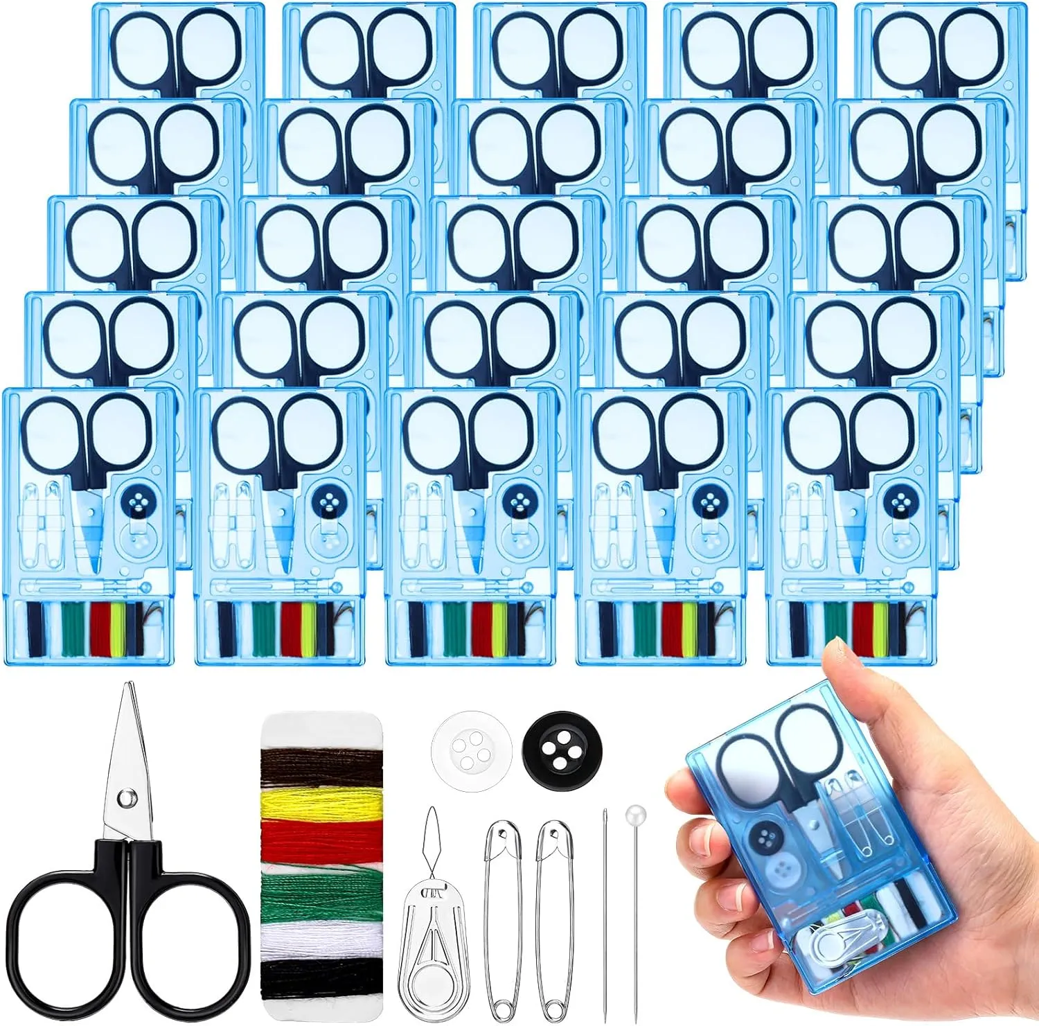 Knitgrip 25 Boxes Mini Travel Sewing Kit Quick Fix Sewing Kits Bulk Basic Portable Pre Threaded Needle Emergency Repair Tool for Beginner Traveler Home Hotel (Blue)