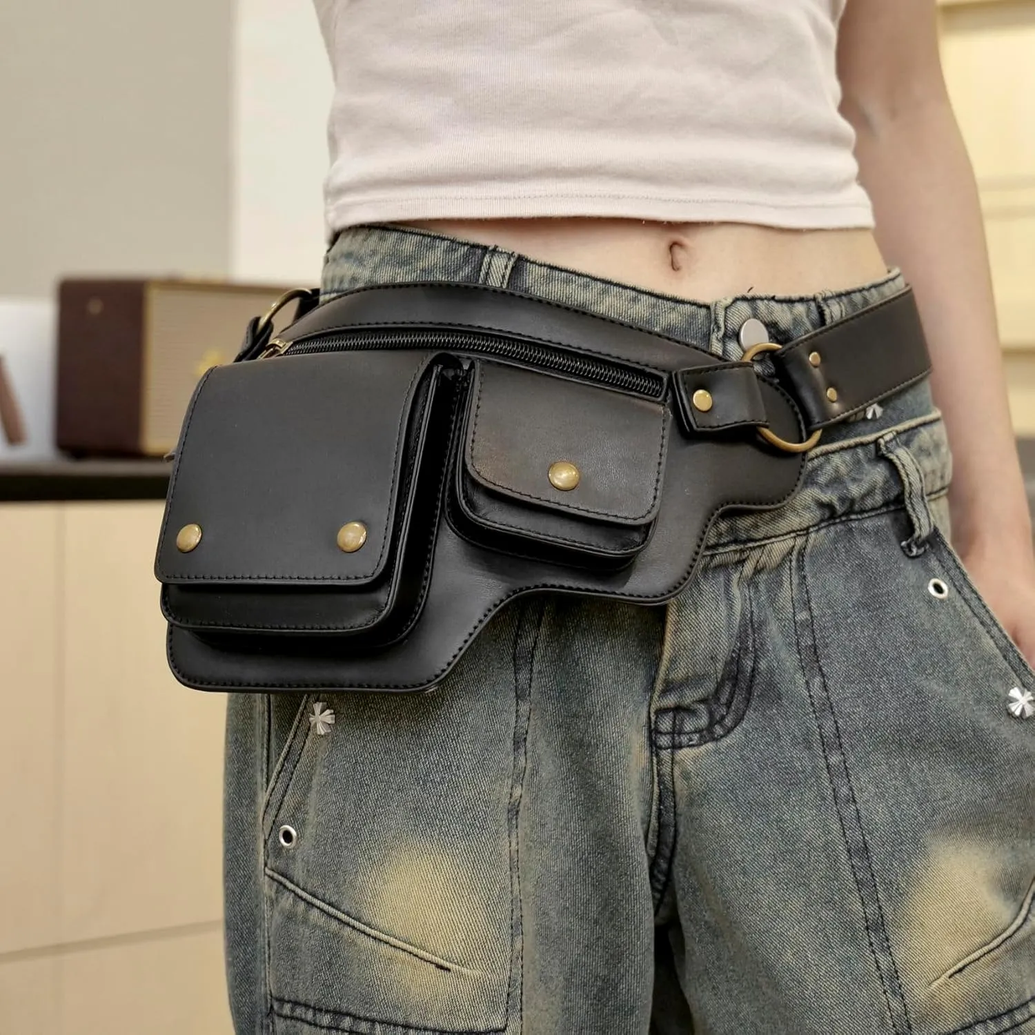 KPYWZER Leather Thigh Drop Leg Bag Retro Fanny Pack Utility Hip Belt Waist Bags Travel Outdoors Waist Pack Black