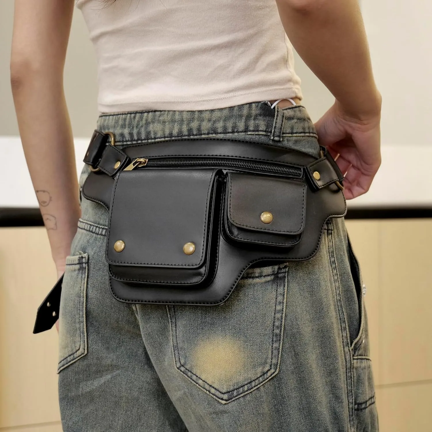 KPYWZER Leather Thigh Drop Leg Bag Retro Fanny Pack Utility Hip Belt Waist Bags Travel Outdoors Waist Pack Black