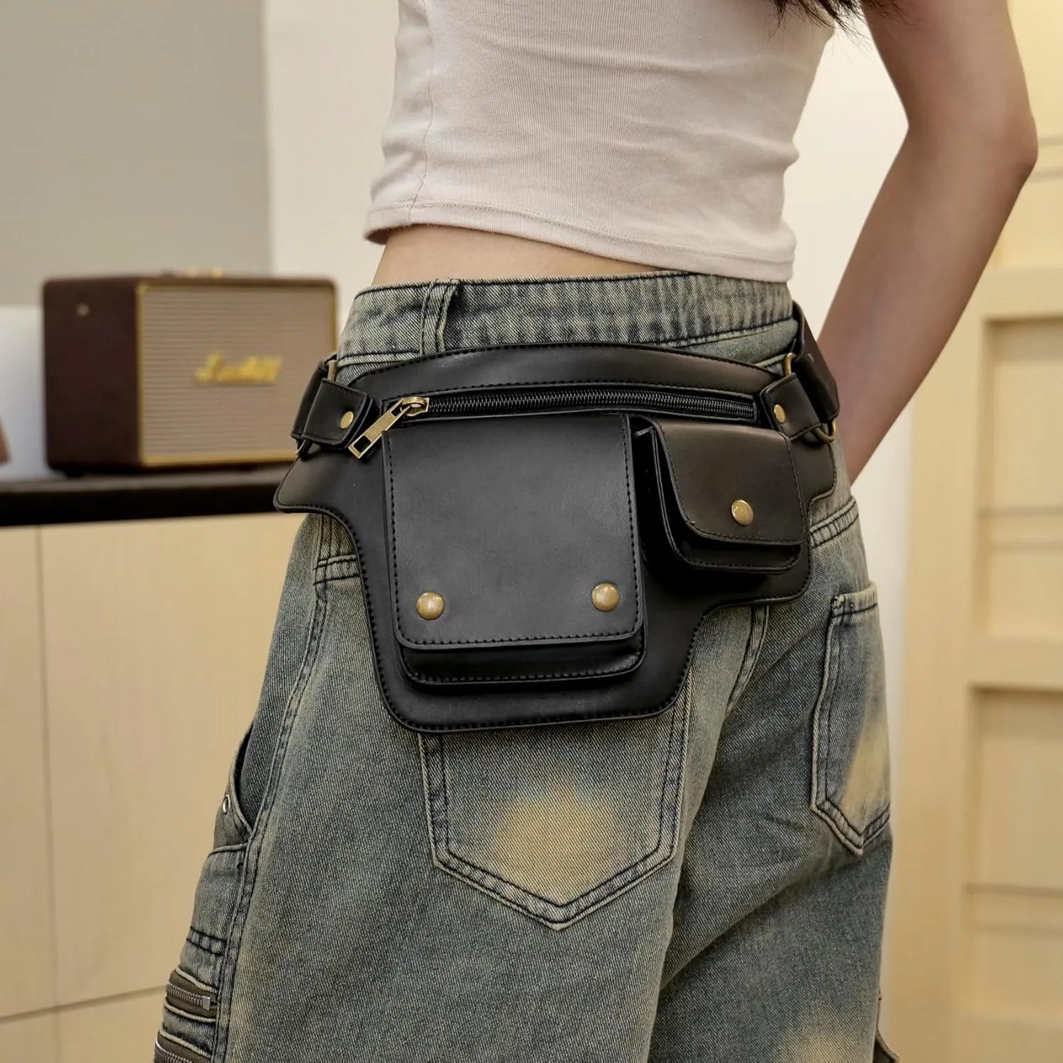 KPYWZER Leather Thigh Drop Leg Bag Retro Fanny Pack Utility Hip Belt Waist Bags Travel Outdoors Waist Pack Black