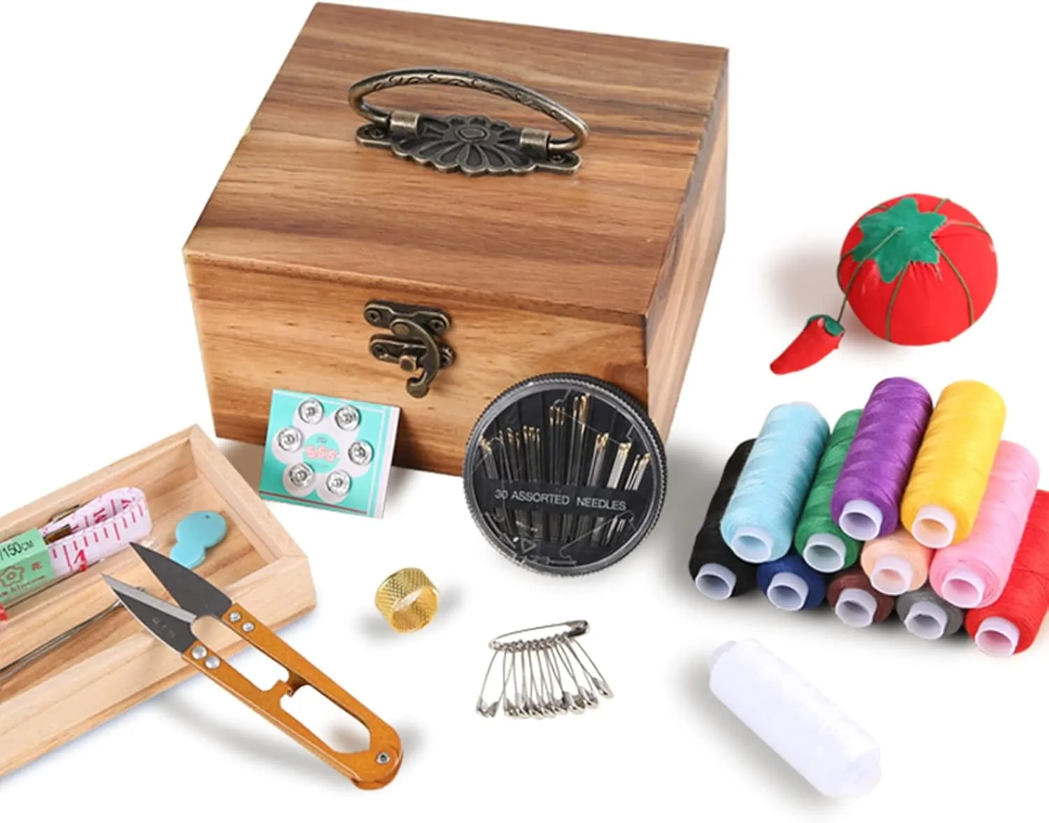 KraNx Sewing Tool Box, Sewing Kit, Wooden Sewing Box with Accessories, Natural Wood Colour 14.5 cm x 13.5 x 5.5 cm, Natural