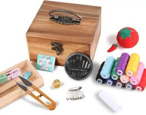 KraNx Sewing Tool Box, Sewing Kit, Wooden Sewing Box with Accessories, Natural Wood Colour 14.5 cm x 13.5 x 5.5 cm, Natural