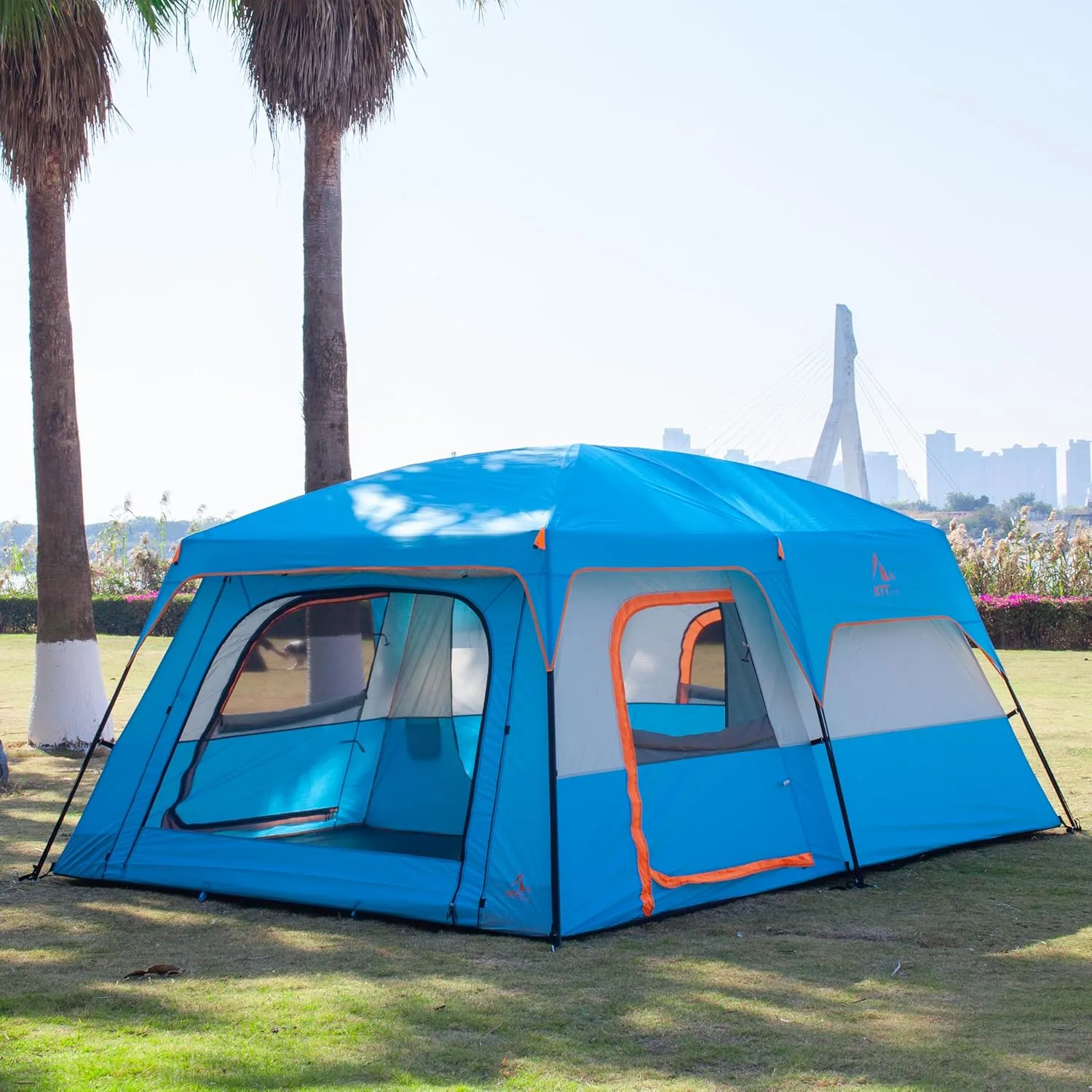 KTT Extra Large Tent 10-12-14 Person(A),Family Cabin Tents,2 Rooms,3 Doors and 3 Windows with Mesh,Straight Wall,Waterproof,Double Layer,Big Tent for Outdoor,Picnic,Camping,Family Gathering