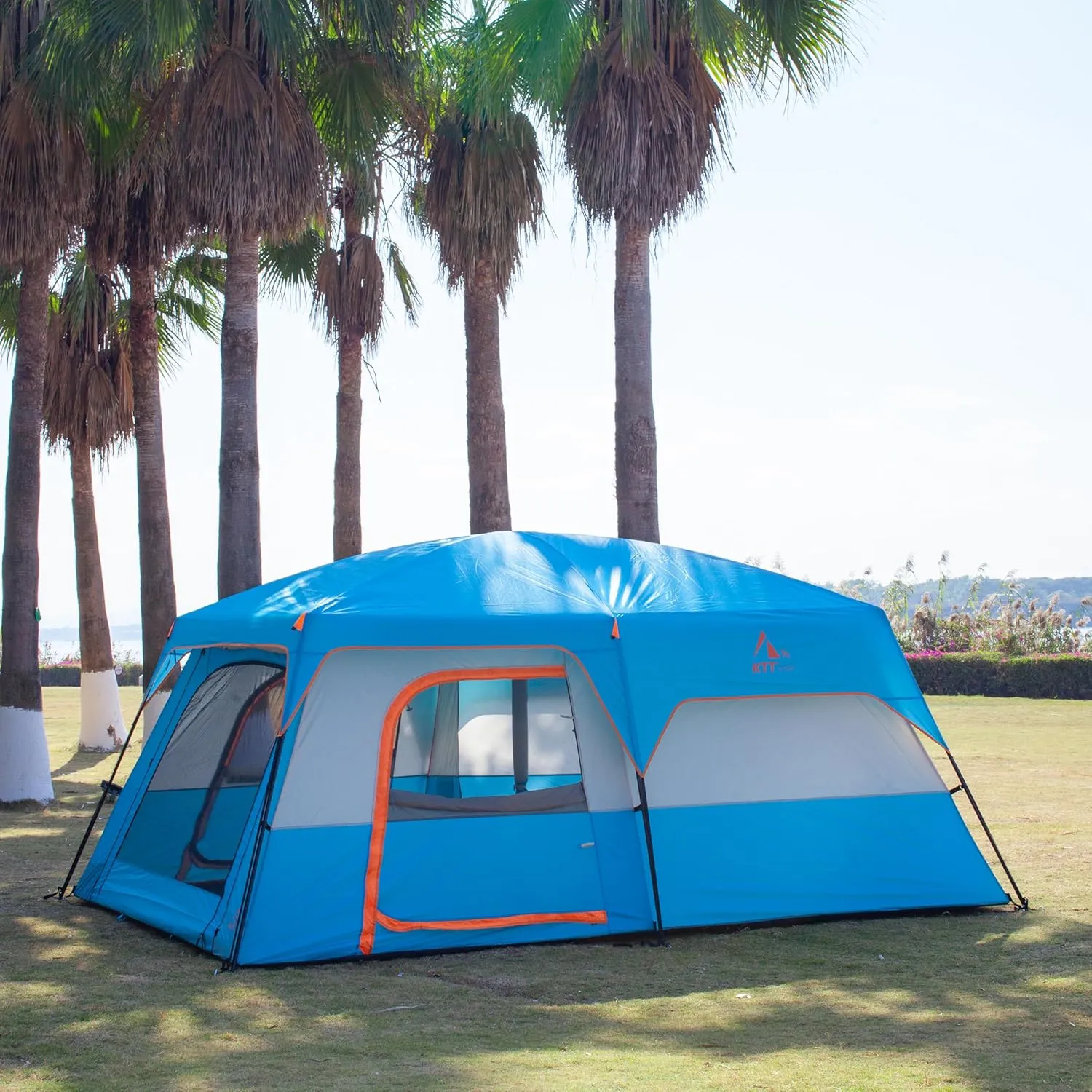 KTT Extra Large Tent 10-12-14 Person(A),Family Cabin Tents,2 Rooms,3 Doors and 3 Windows with Mesh,Straight Wall,Waterproof,Double Layer,Big Tent for Outdoor,Picnic,Camping,Family Gathering