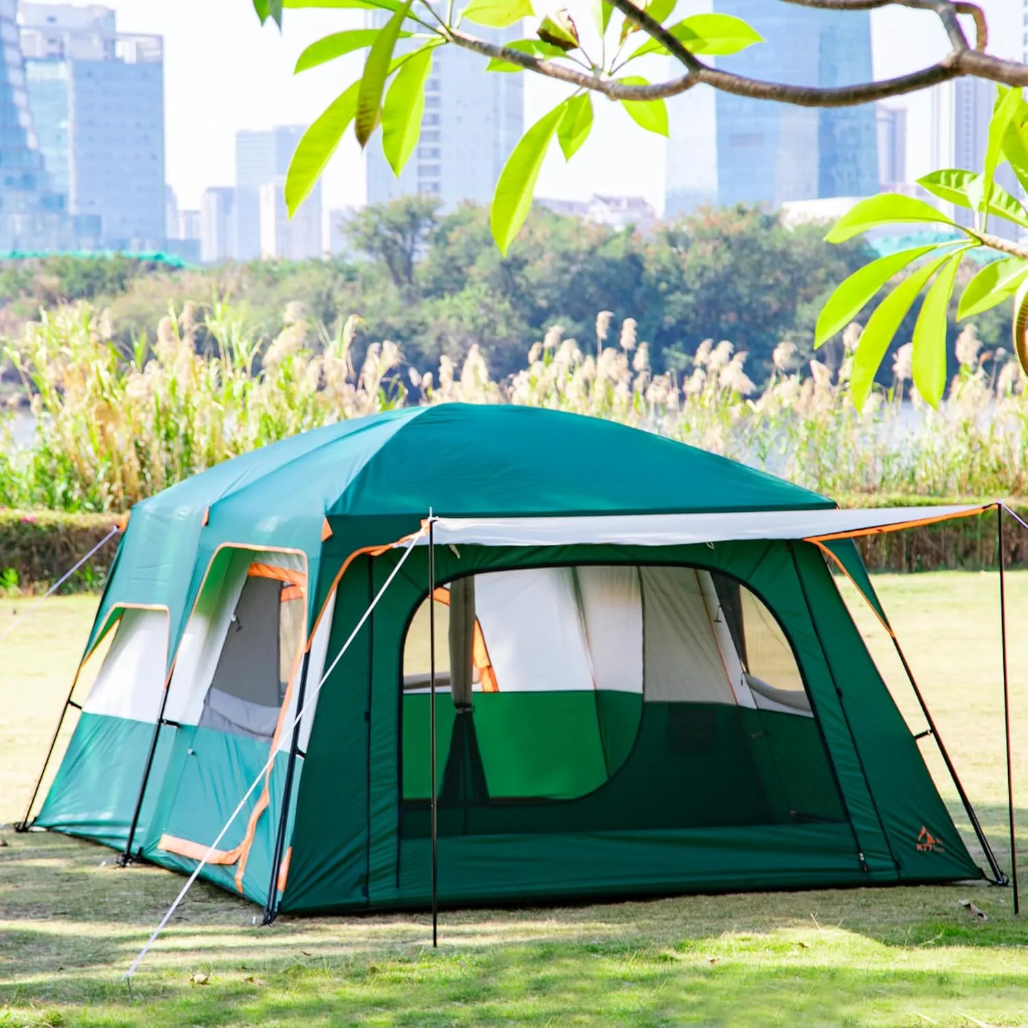 KTT Extra Large Tent 10-12-14 Person(A),Family Cabin Tents,2 Rooms,3 Doors and 3 Windows with Mesh,Straight Wall,Waterproof,Double Layer,Big Tent for Outdoor,Picnic,Camping,Family Gathering