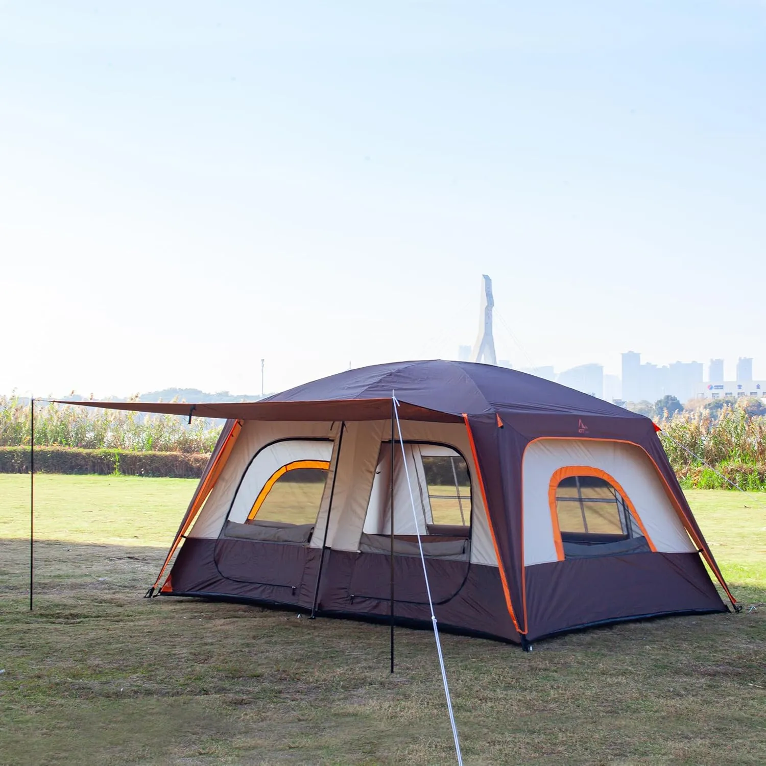 KTT Large Family Cabin Tent 10-12 Person,14.1X10X6.58ft,2 Rooms,3 Storage Pockets,2 Bay-Windows 3 Doors and 3 Windows with Mesh,Straight Wall,Waterproof,Double Layer,Big Tent for Outdoor,Camping