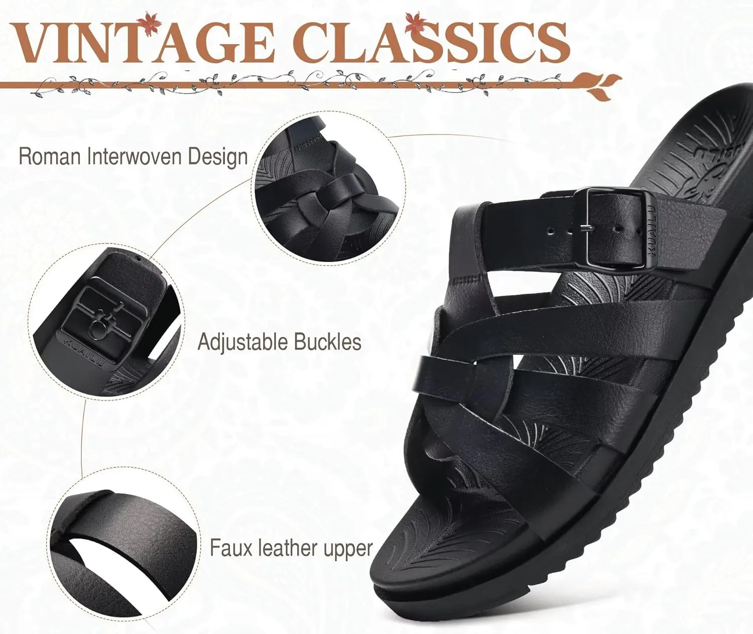 KuaiLu Gladiator Sandals for Women with Comfortable Arch Support Summer Beach Walking Fisherman Slides Boho Outfits Slip on Cushion Shoes Indoor Outdoor