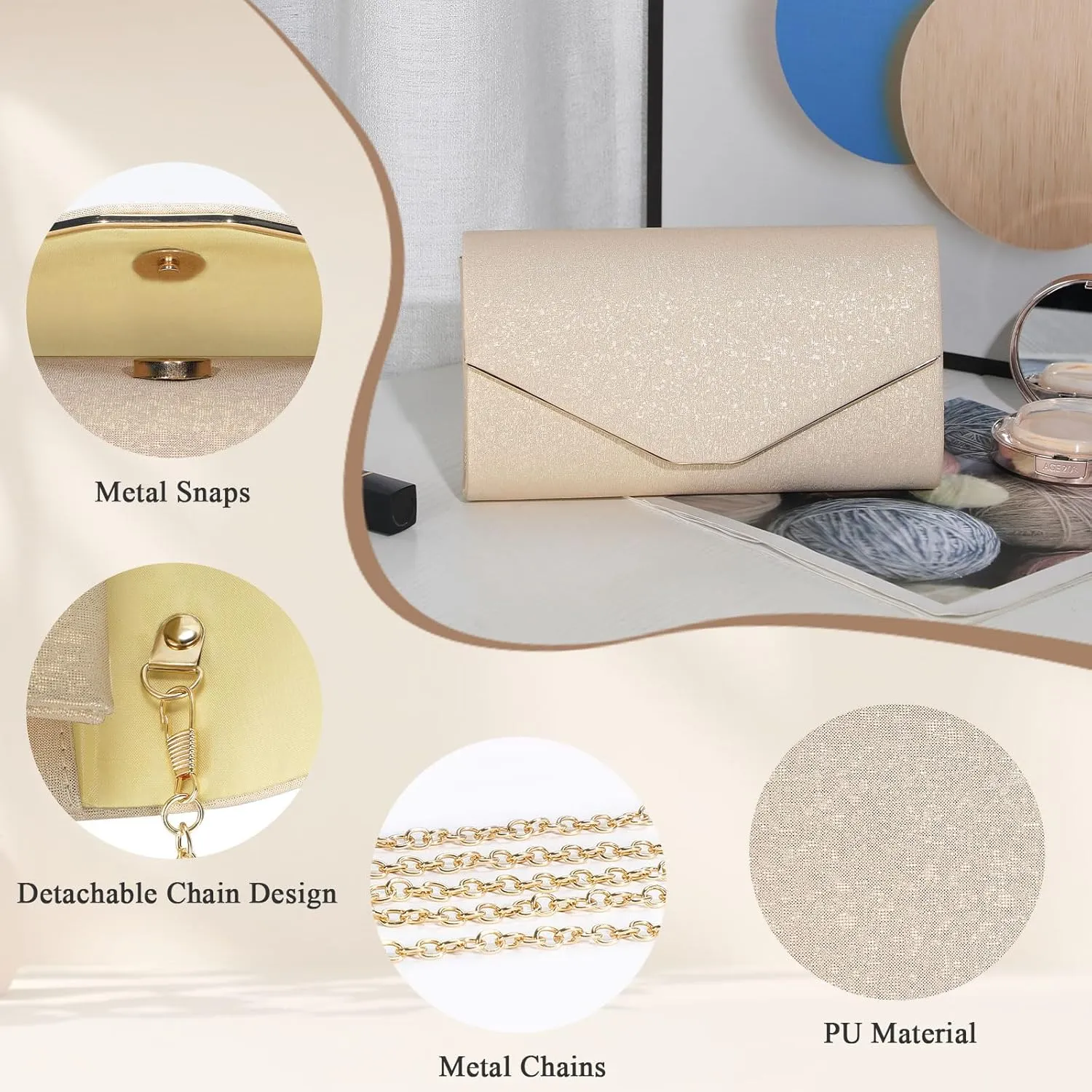 Ladies Evening Clutch Bag Envelope Handbag Prom Bridal Wedding Party Purse with Detachable Chain