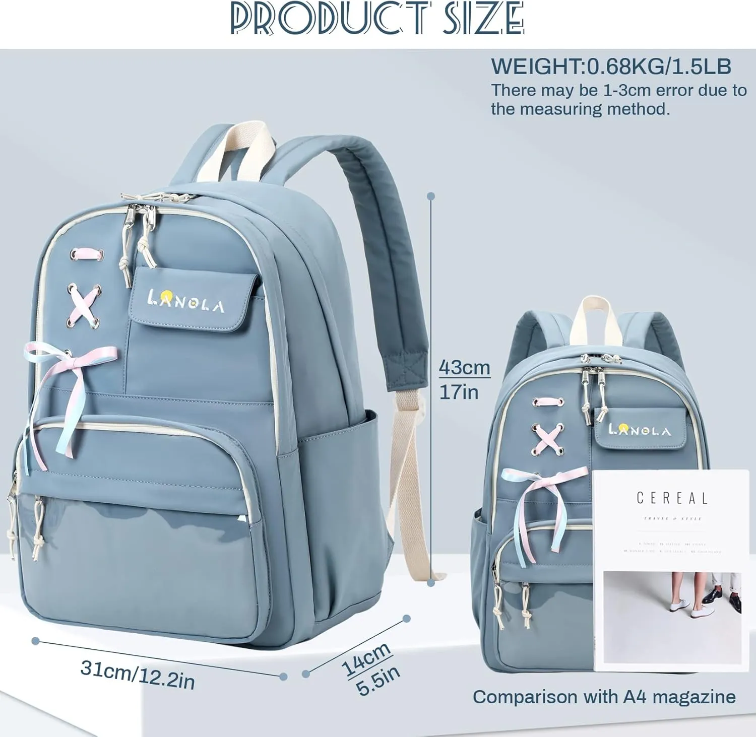 Lanola Teen Girl School Backpack Casual Daypack Bookbag Elementary College Travel Backpack with Cute Ribbon for Girls