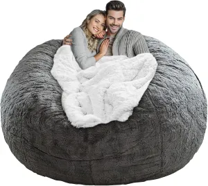 LapEasy Giant Bean Bag Chair Cover, Oversized Round Soft Fluffy PV Velvet Washable Lazy Sofa Bed Cover for Adults, Dark Grey