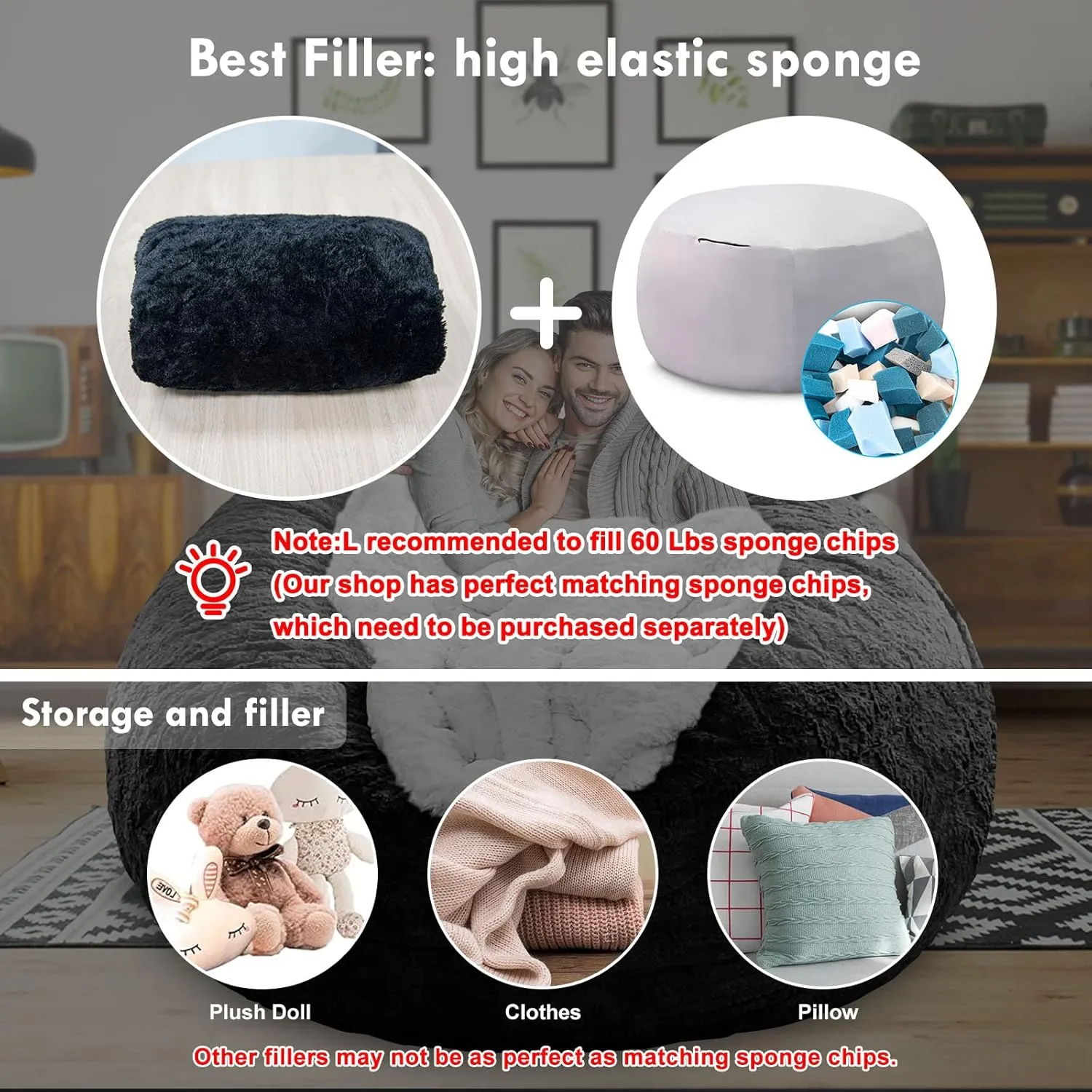 LapEasy Giant Bean Bag Chair Cover, Oversized Round Soft Fluffy PV Velvet Washable Lazy Sofa Bed Cover for Adults, Dark Grey