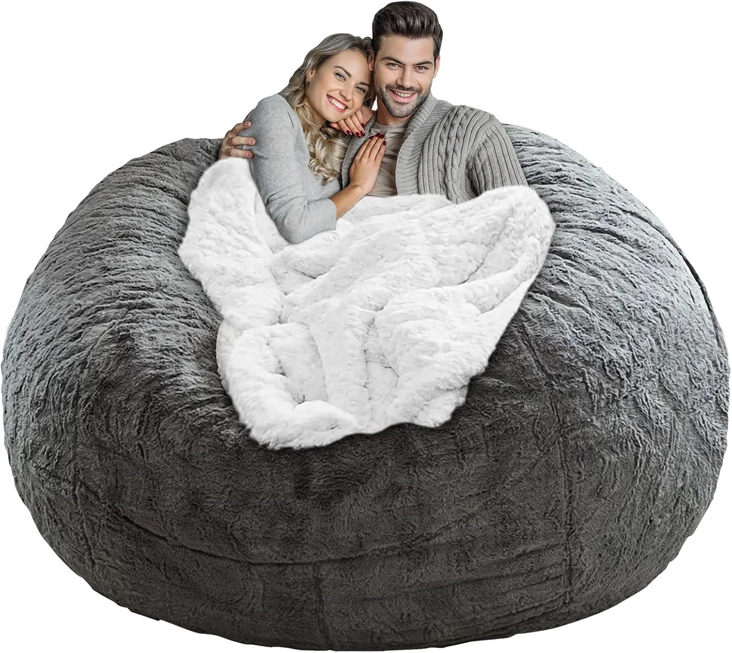 LapEasy Giant Bean Bag Chair Cover, Oversized Round Soft Fluffy PV Velvet Washable Lazy Sofa Bed Cover for Adults, Dark Grey