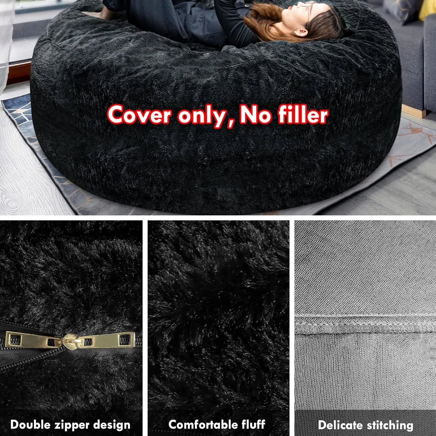 LapEasy Giant Bean Bag Chair Cover, Oversized Round Soft Fluffy PV Velvet Washable Lazy Sofa Bed Cover for Adults, Dark Grey