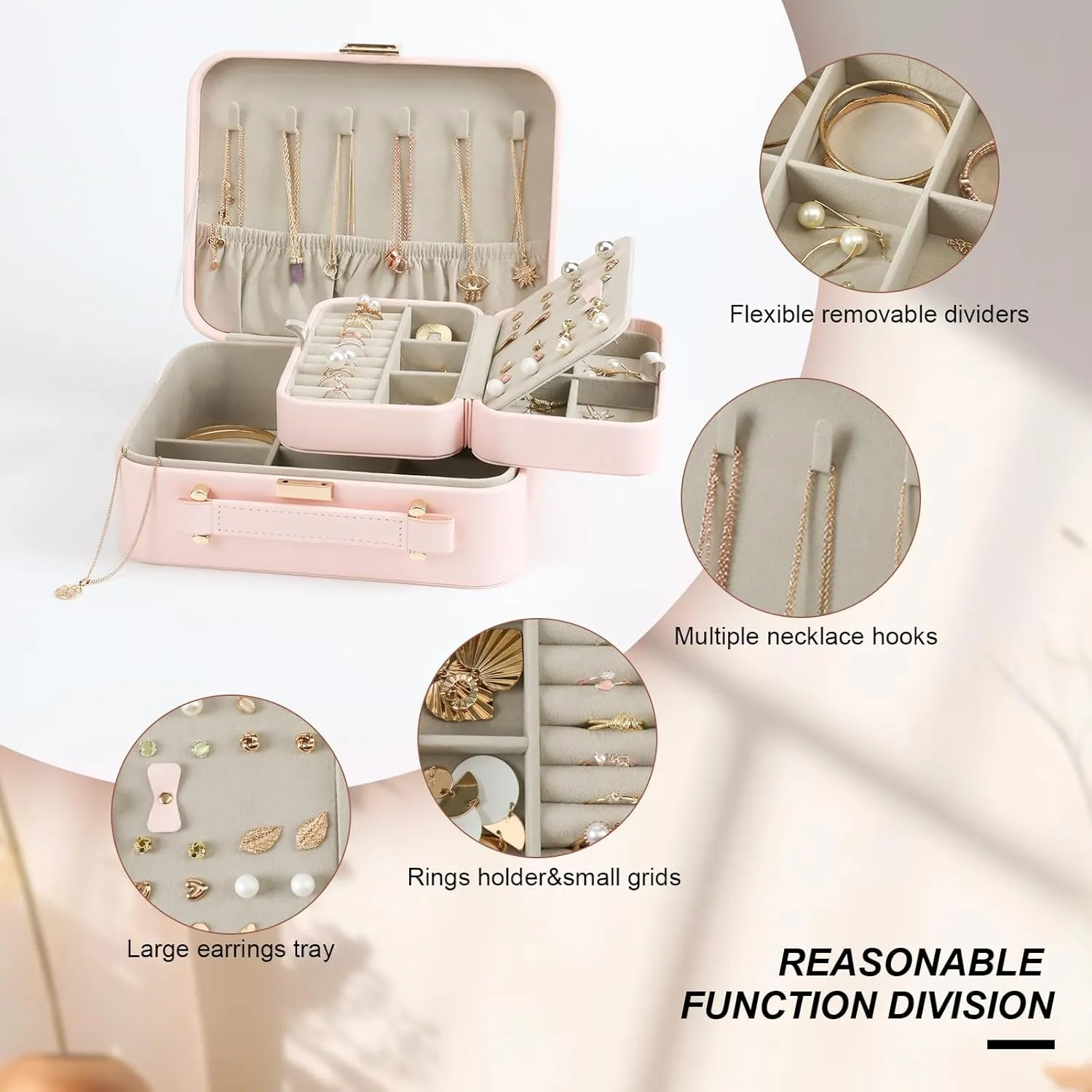 Large Jewelry Travel Organizer, Large Travel Jewelry Box with Removable Jewelry Tray, 2-Layer Jewelry Boxes for Women, Pink
